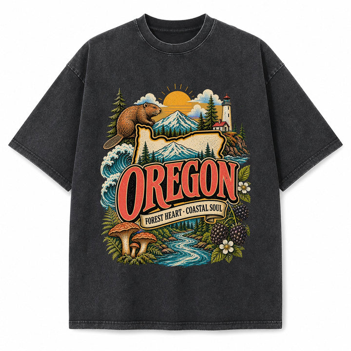 Colorful Oregon State Collage Washed Vintage T-Shirt in Black, front view on a white background