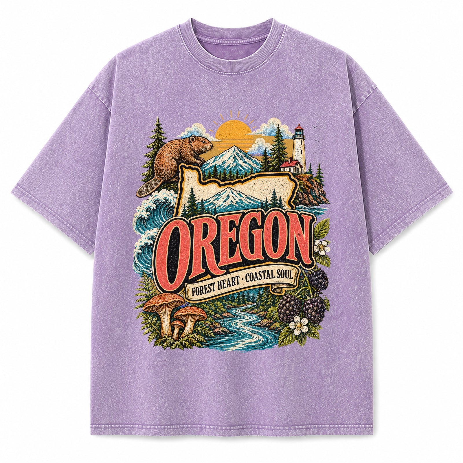 Colorful Oregon State Collage Washed Vintage T-Shirt in Purple, front view on a white background