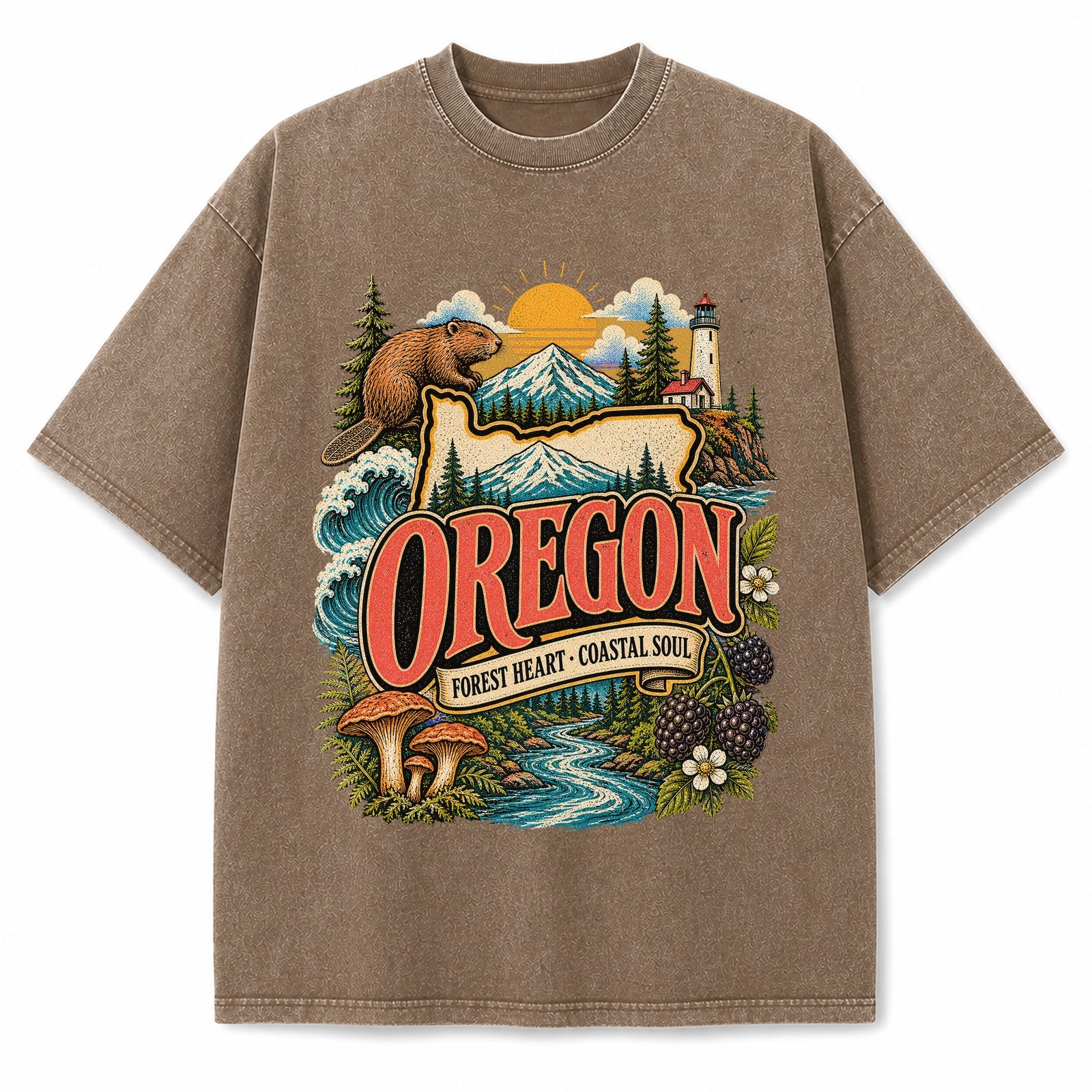 Colorful Oregon State Collage Washed Vintage T-Shirt in Brown, front view on a white background