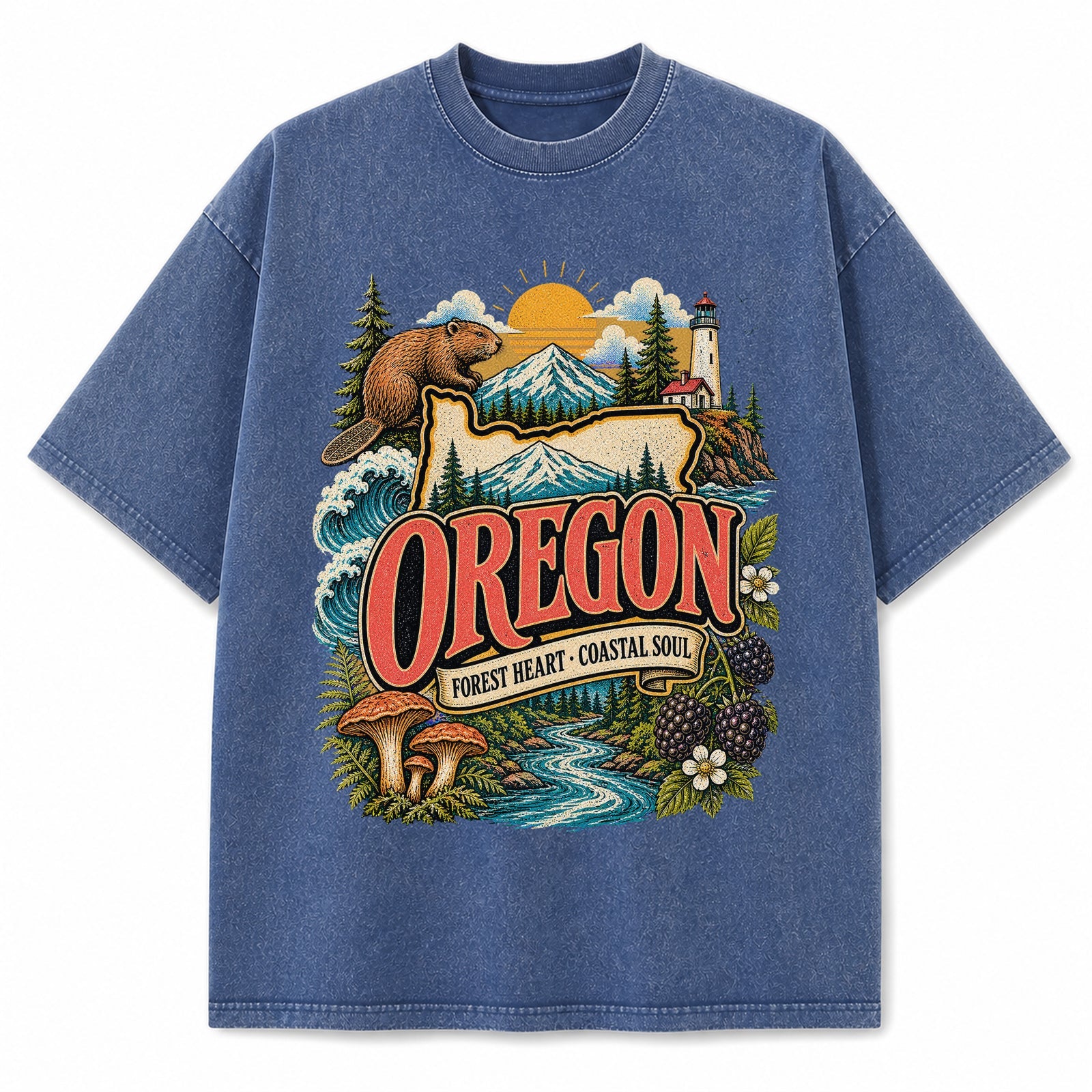 Colorful Oregon State Collage Washed Vintage T-Shirt in Blue, front view on a white background