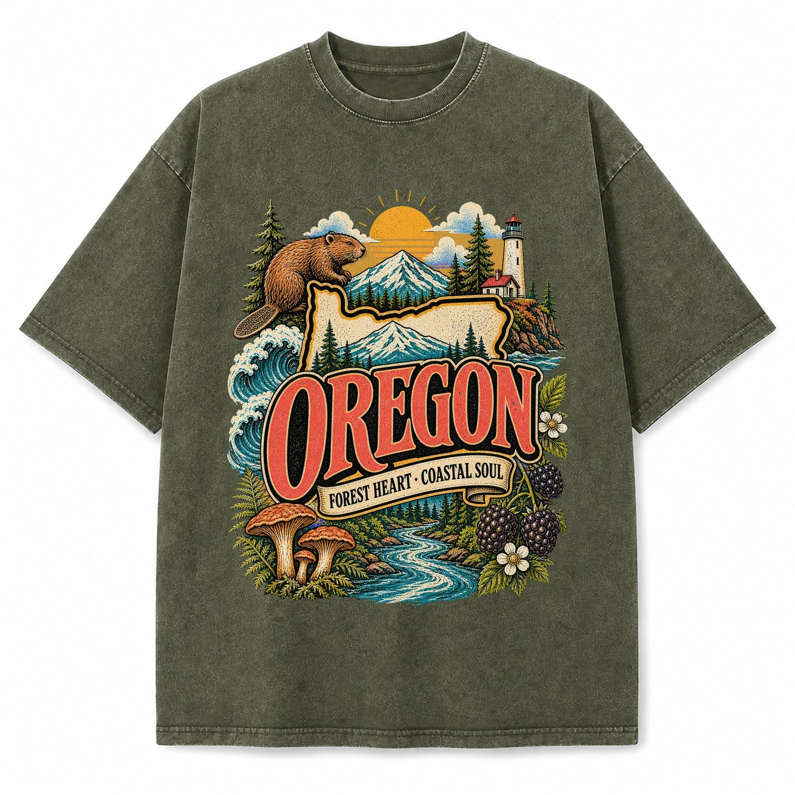 Colorful Oregon State Collage Washed Vintage T-Shirt in Military Green, front view on a white background