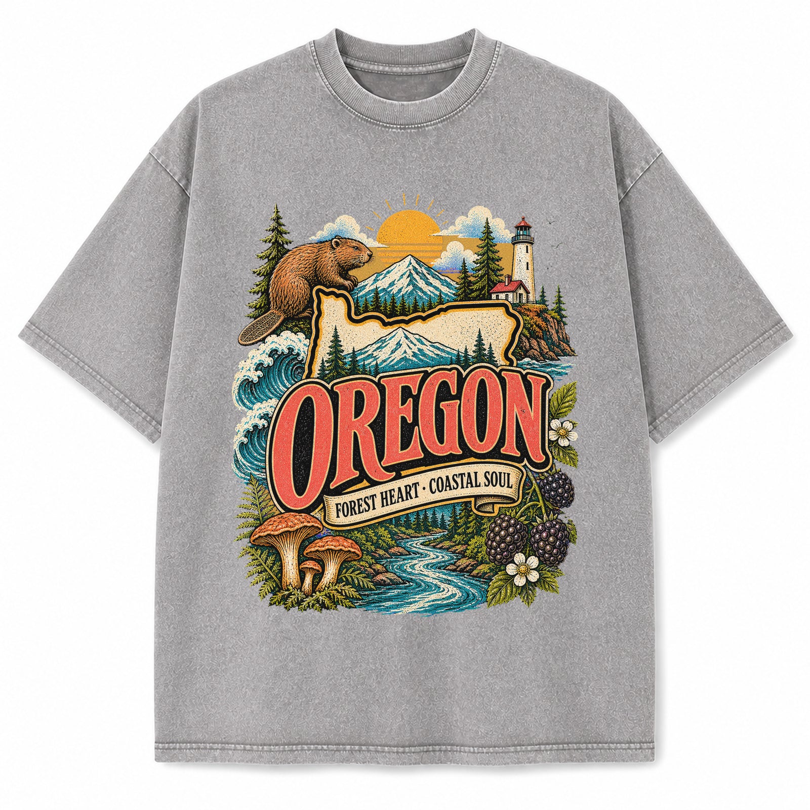Colorful Oregon State Collage Washed Vintage T-Shirt in Light Gray, front view on a white background