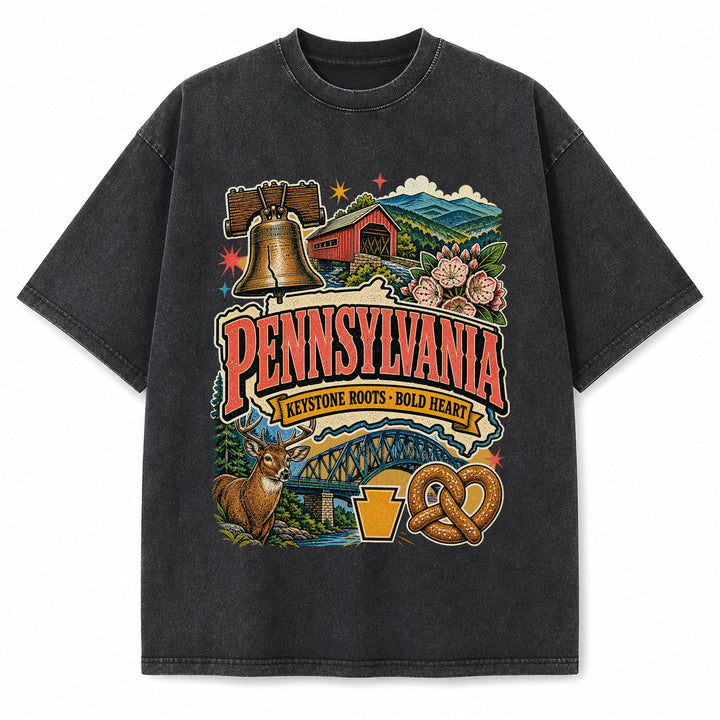 Colorful Pennsylvania State Collage Washed Vintage T-Shirt in Black, front view on a white background