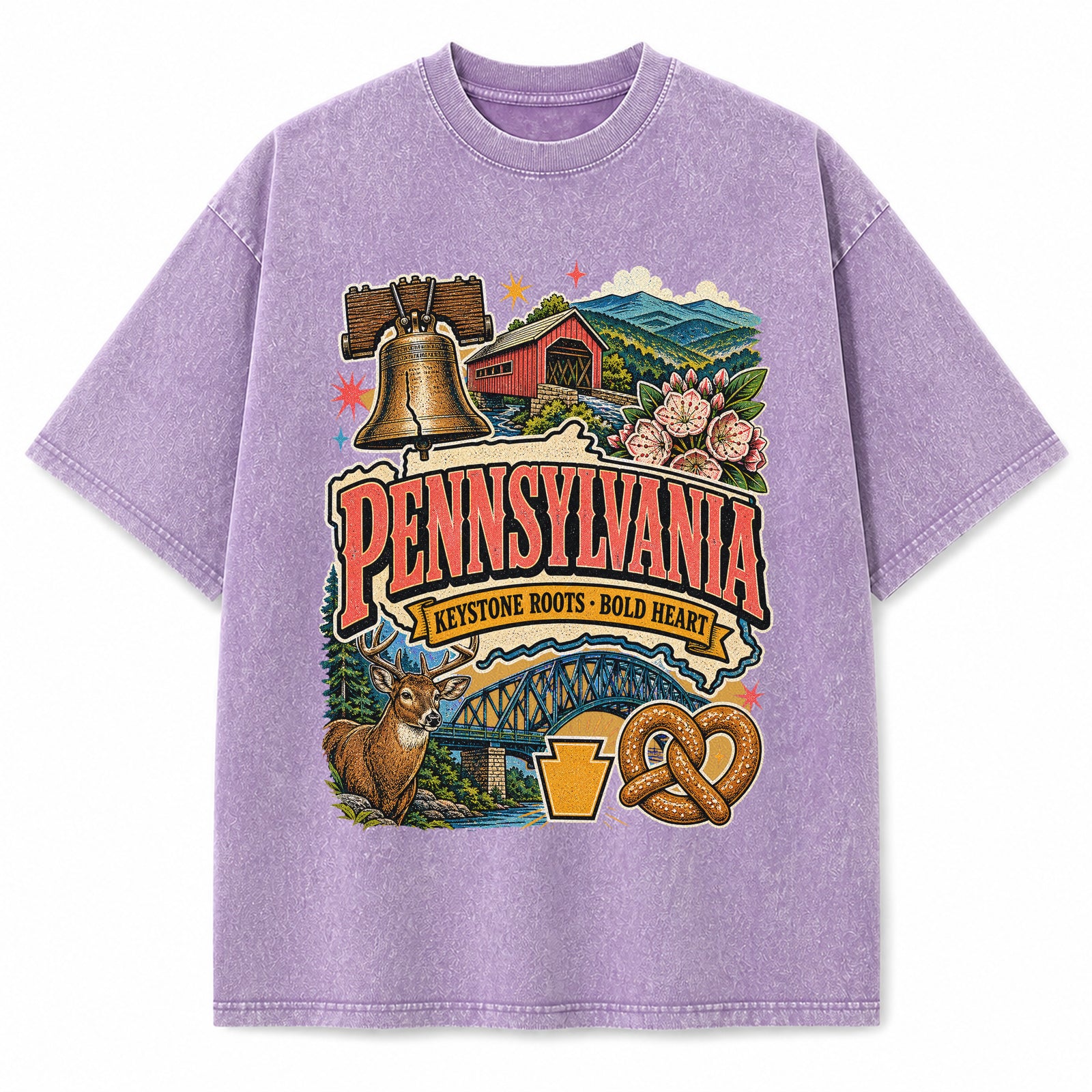 Colorful Pennsylvania State Collage Washed Vintage T-Shirt in Purple, front view on a white background