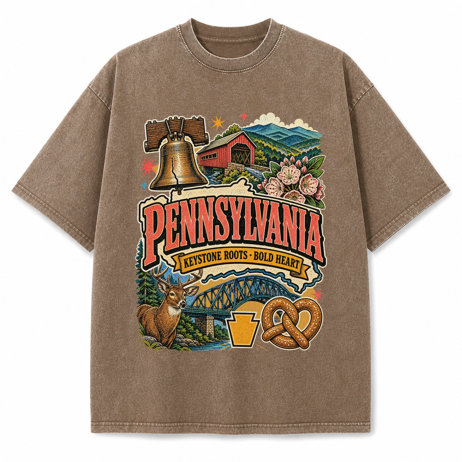 Colorful Pennsylvania State Collage Washed Vintage T-Shirt in Brown, front view on a white background