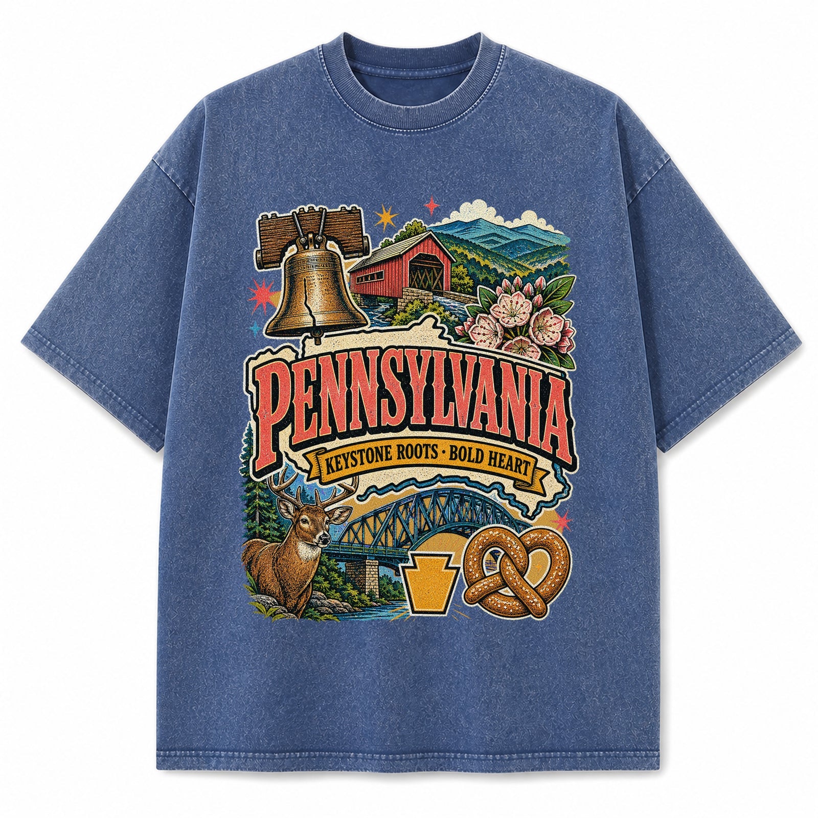 Colorful Pennsylvania State Collage Washed Vintage T-Shirt in Blue, front view on a white background
