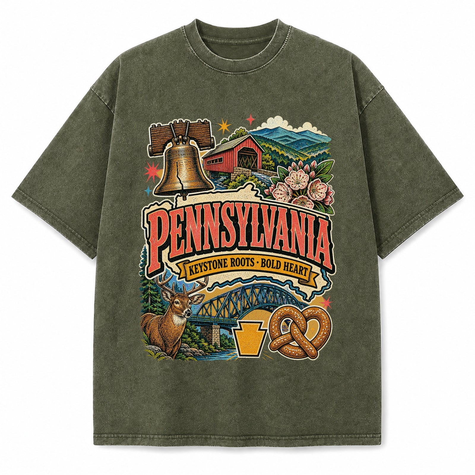 Colorful Pennsylvania State Collage Washed Vintage T-Shirt in Military Green, front view on a white background