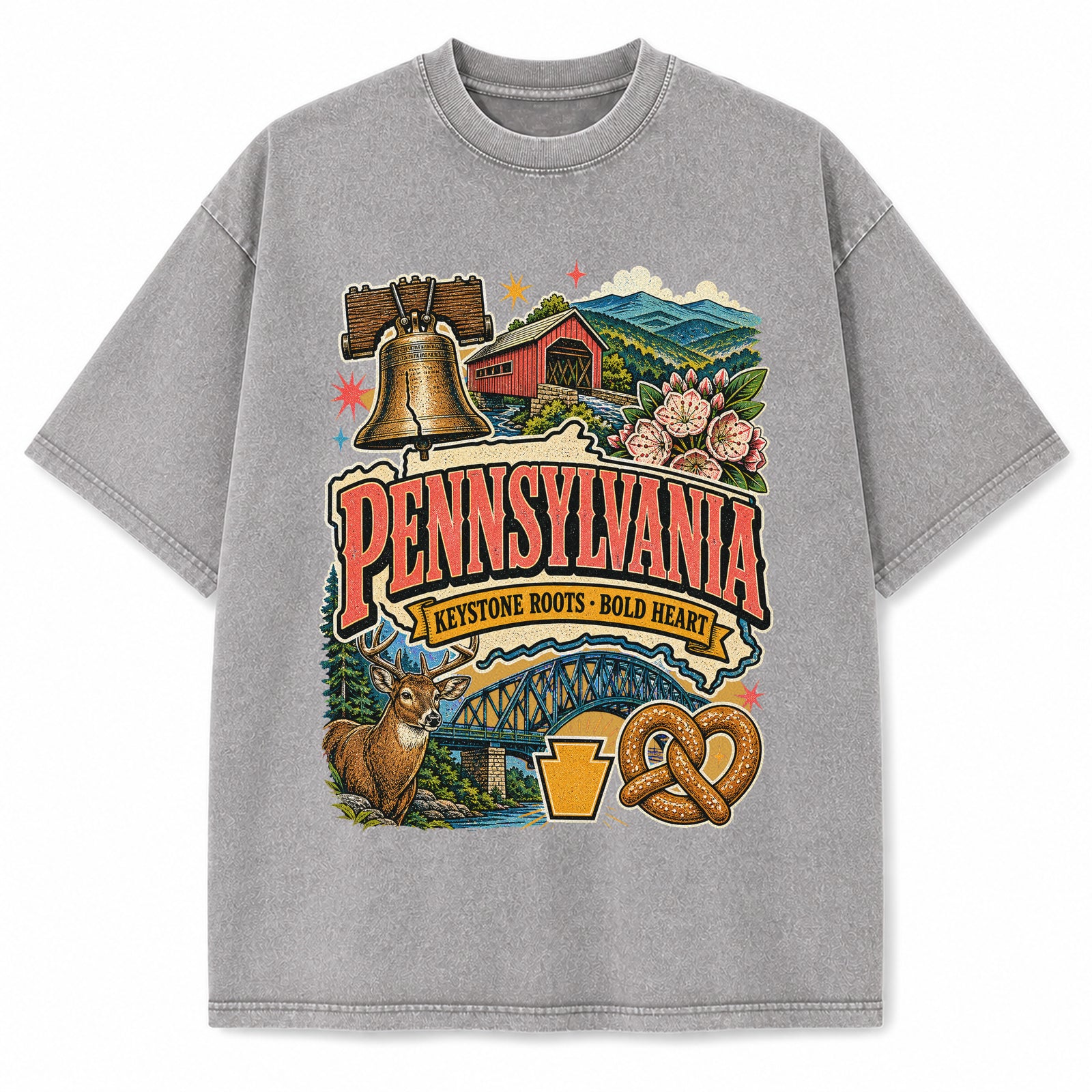Colorful Pennsylvania State Collage Washed Vintage T-Shirt in Light Gray, front view on a white background