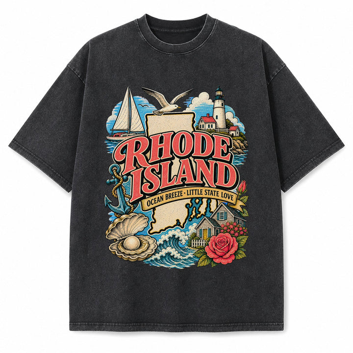 Colorful Rhode Island State Collage Washed Vintage T-Shirt in Black, front view on a white background