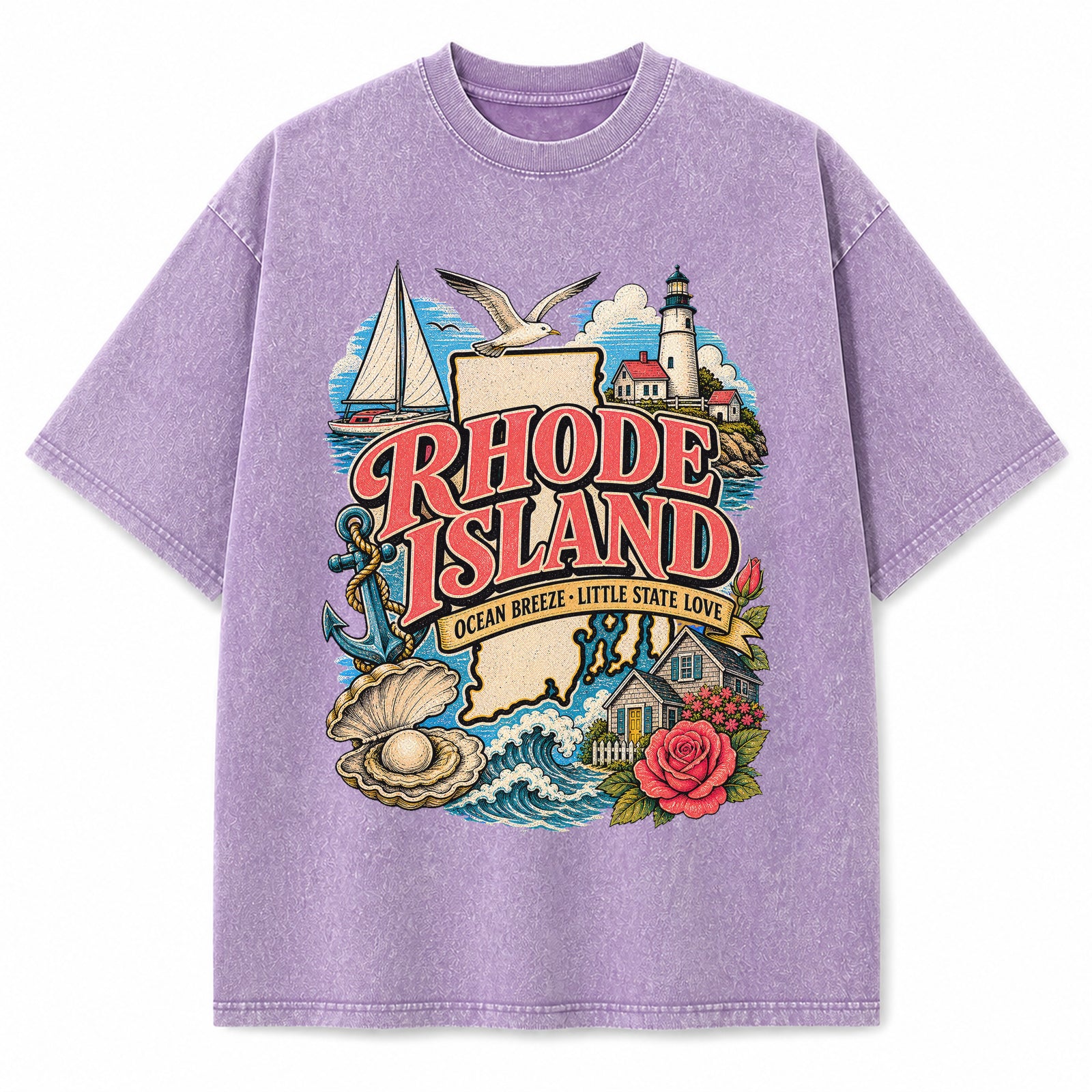 Colorful Rhode Island State Collage Washed Vintage T-Shirt in Purple, front view on a white background