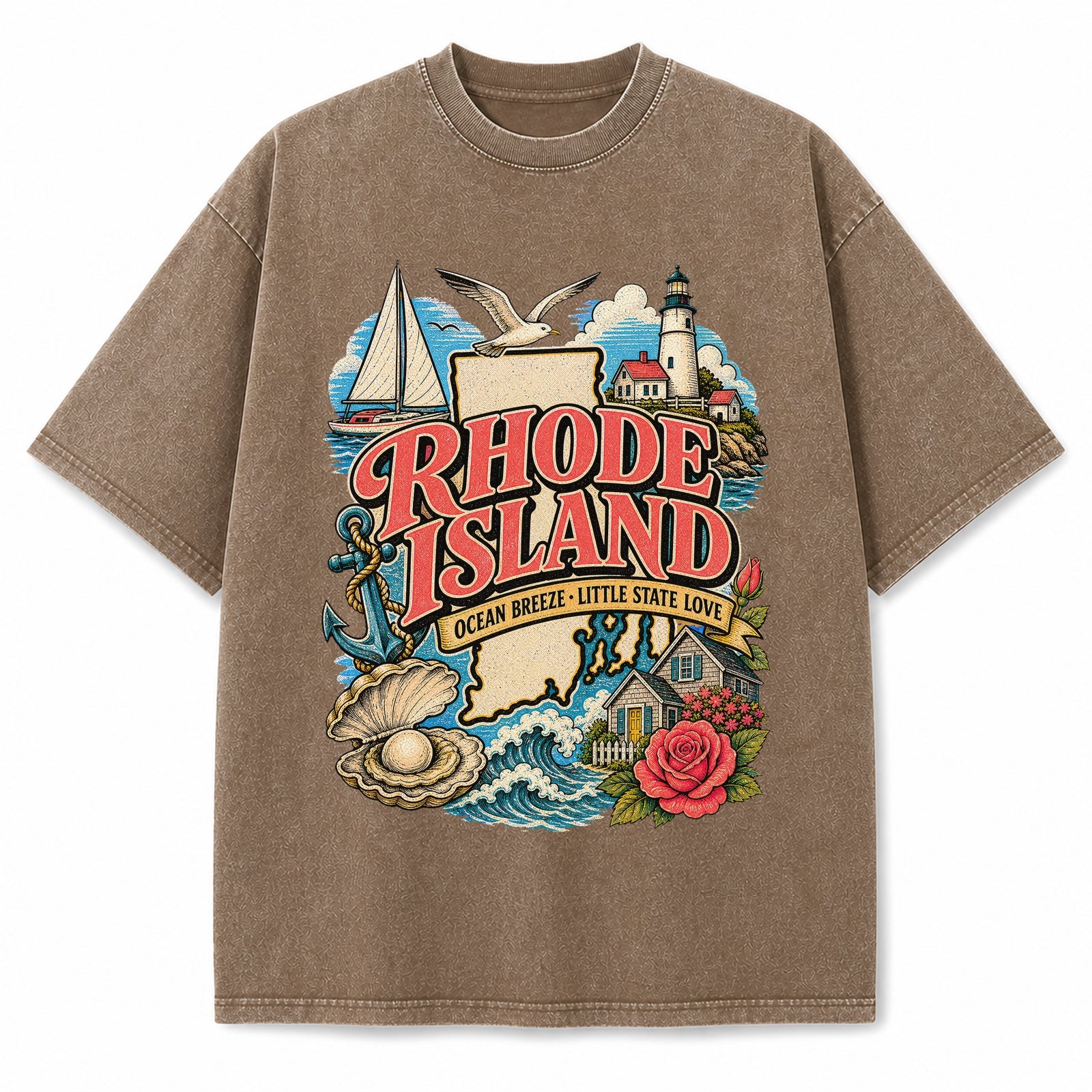 Colorful Rhode Island State Collage Washed Vintage T-Shirt in Brown, front view on a white background