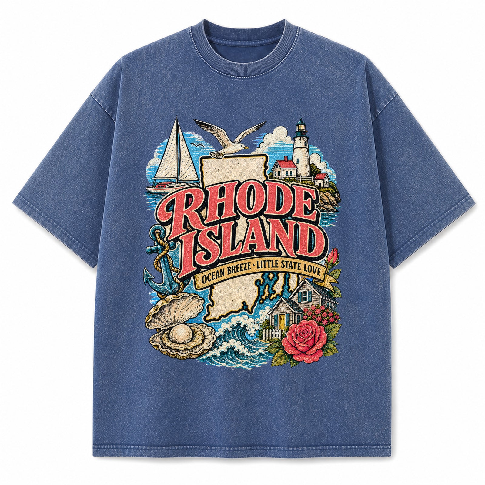 Colorful Rhode Island State Collage Washed Vintage T-Shirt in Blue, front view on a white background