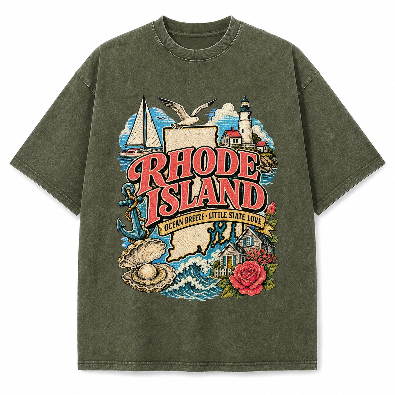 Colorful Rhode Island State Collage Washed Vintage T-Shirt in Military Green, front view on a white background