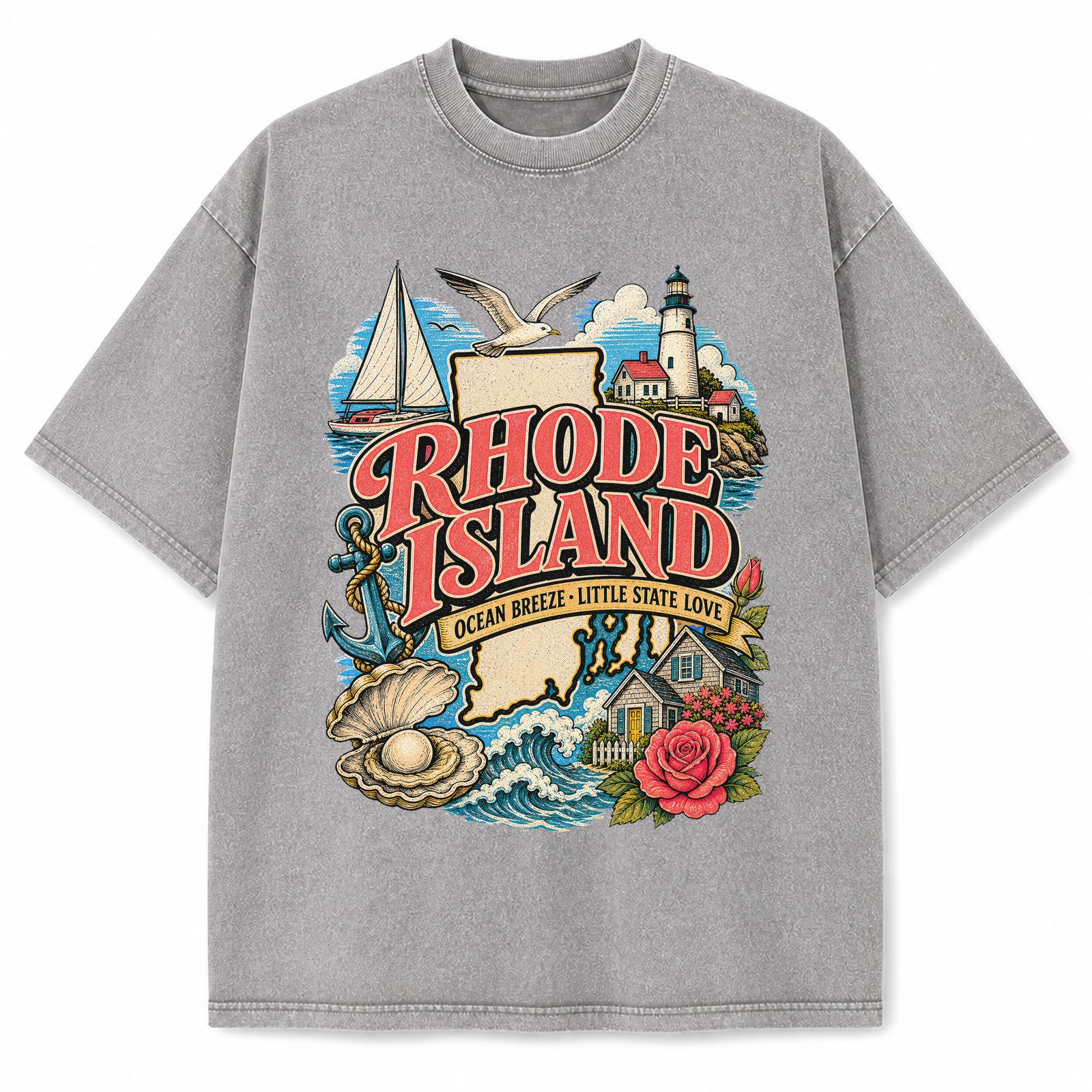 Colorful Rhode Island State Collage Washed Vintage T-Shirt in Light Gray, front view on a white background