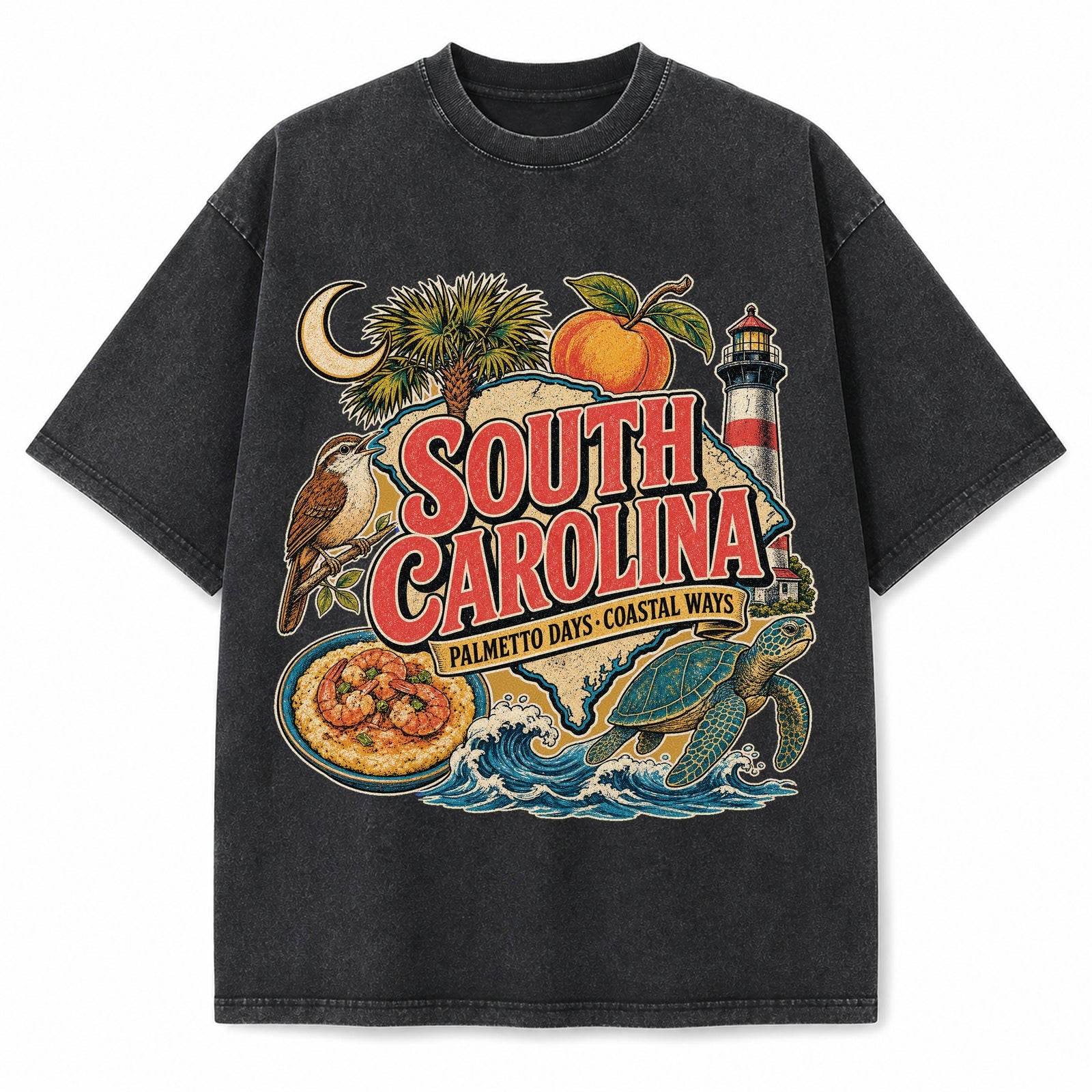 Colorful South Carolina State Collage Washed Vintage T-Shirt in Black, front view on a white background