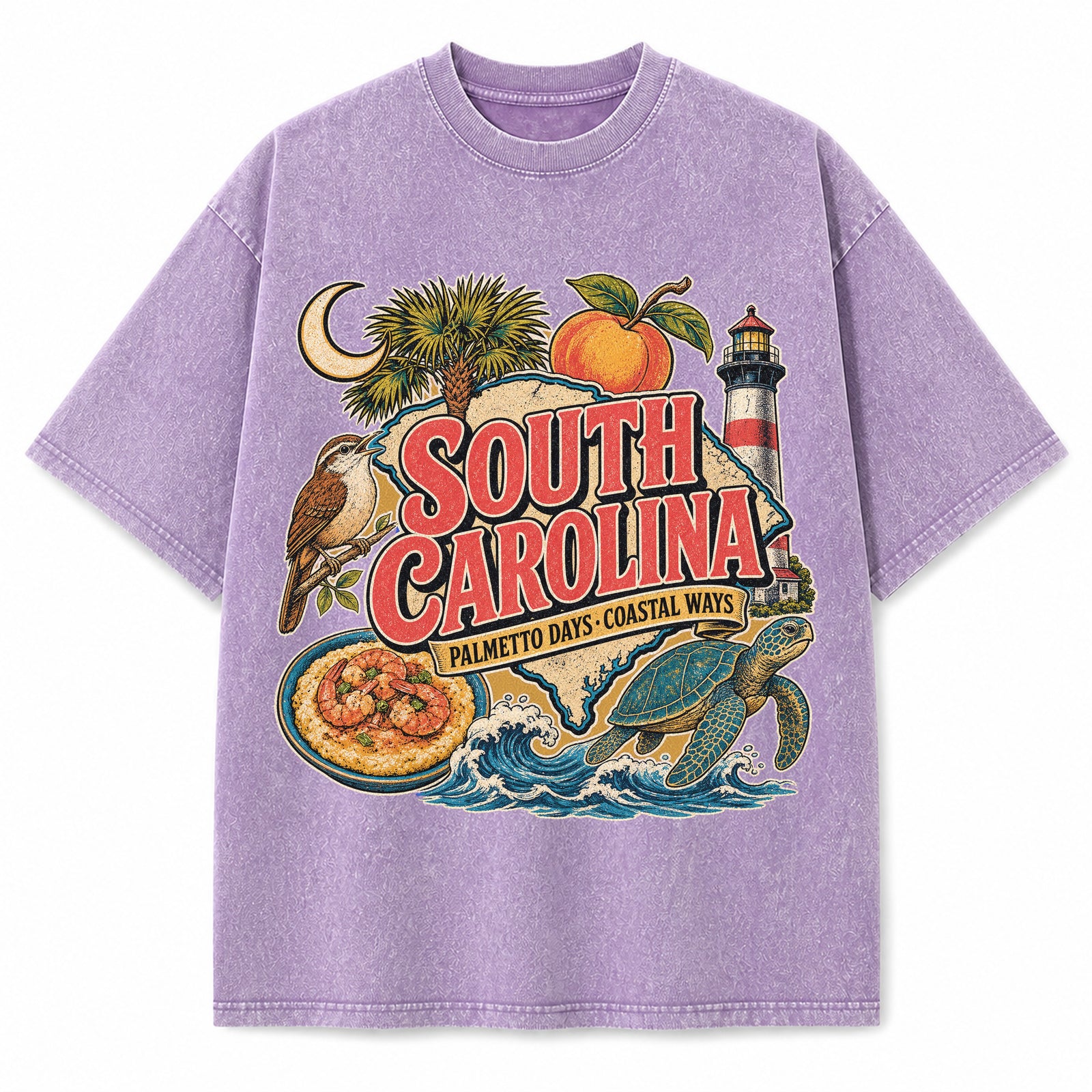 Colorful South Carolina State Collage Washed Vintage T-Shirt in Purple, front view on a white background