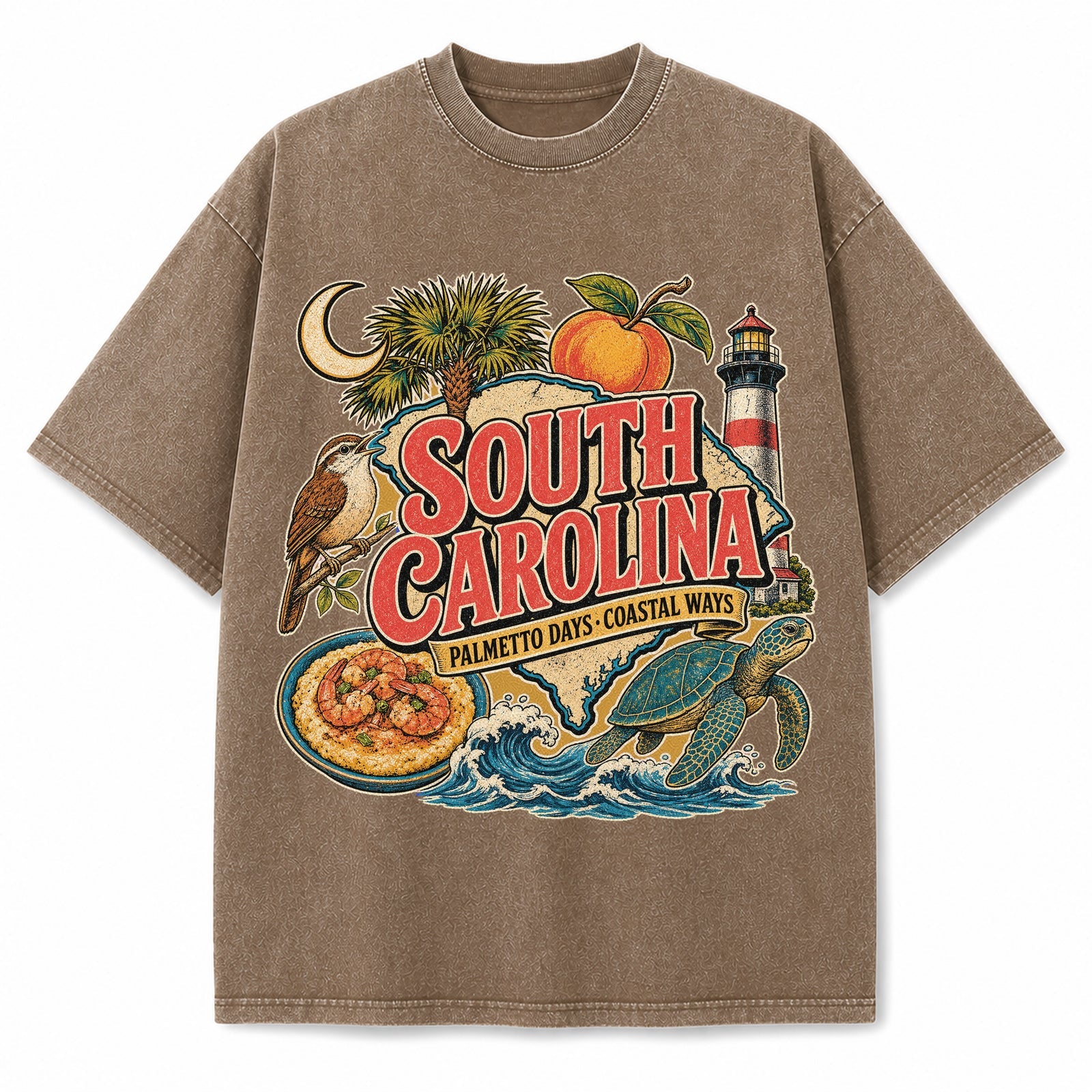 Colorful South Carolina State Collage Washed Vintage T-Shirt in Brown, front view on a white background