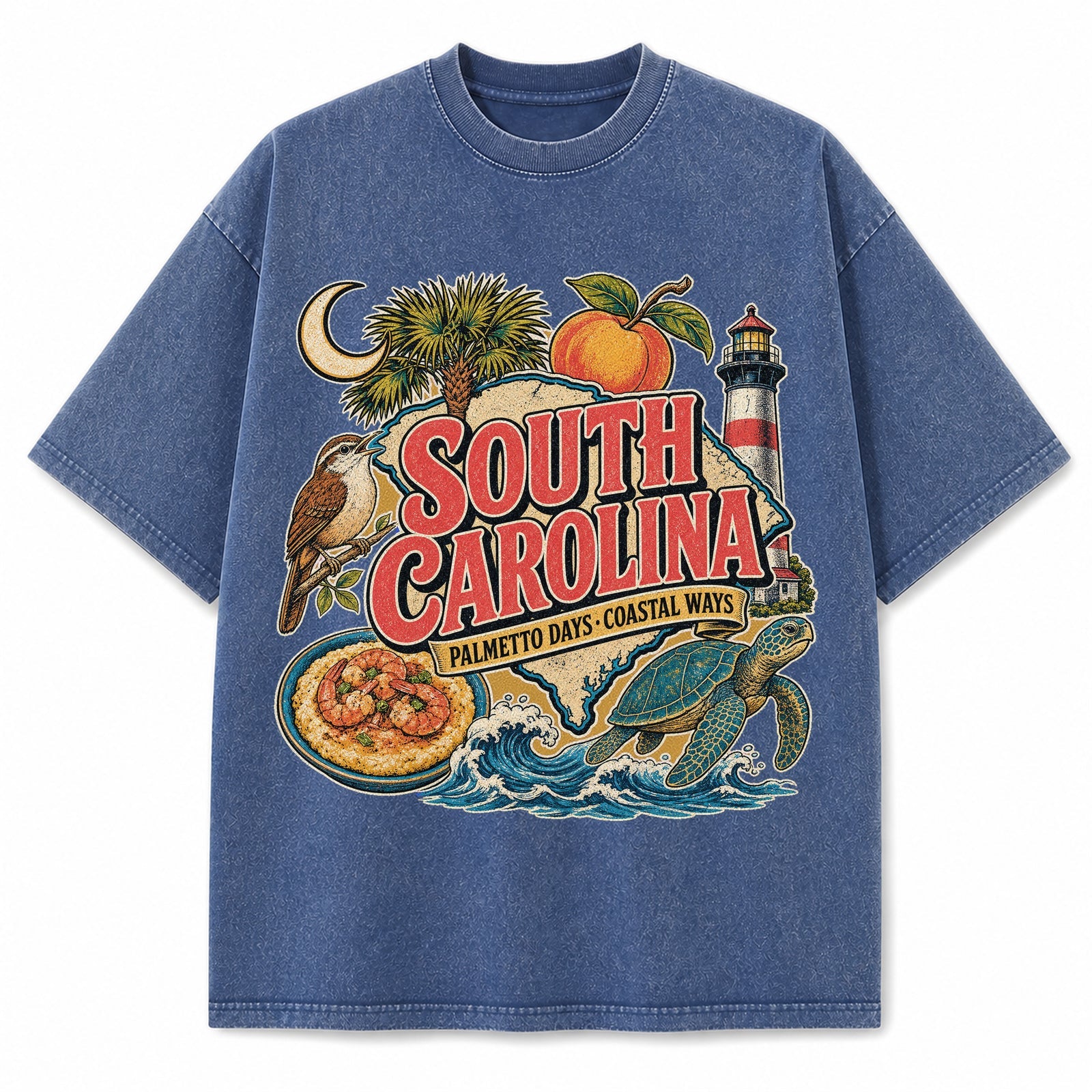 Colorful South Carolina State Collage Washed Vintage T-Shirt in Blue, front view on a white background