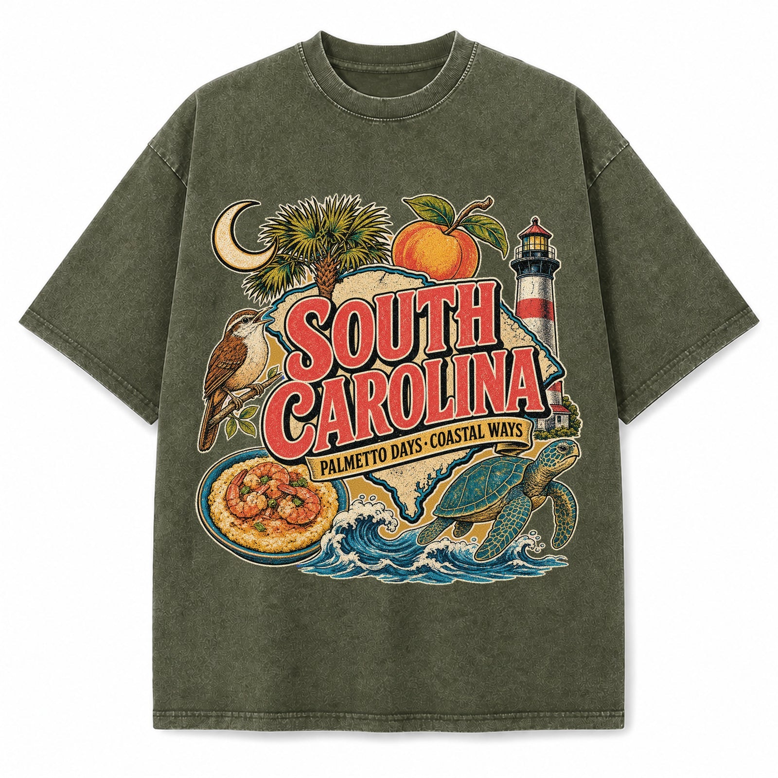 Colorful South Carolina State Collage Washed Vintage T-Shirt in Military Green, front view on a white background