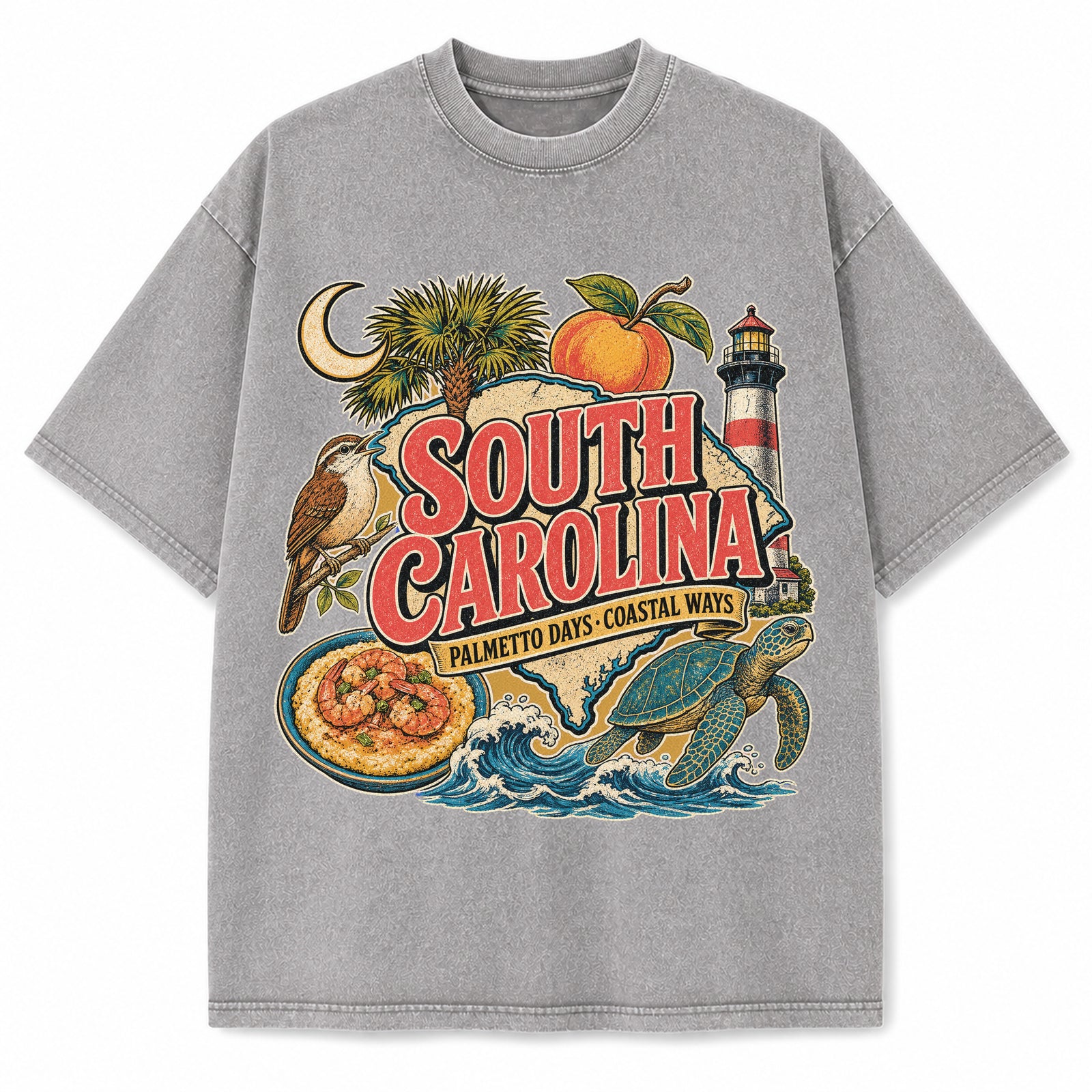 Colorful South Carolina State Collage Washed Vintage T-Shirt in Light Gray, front view on a white background