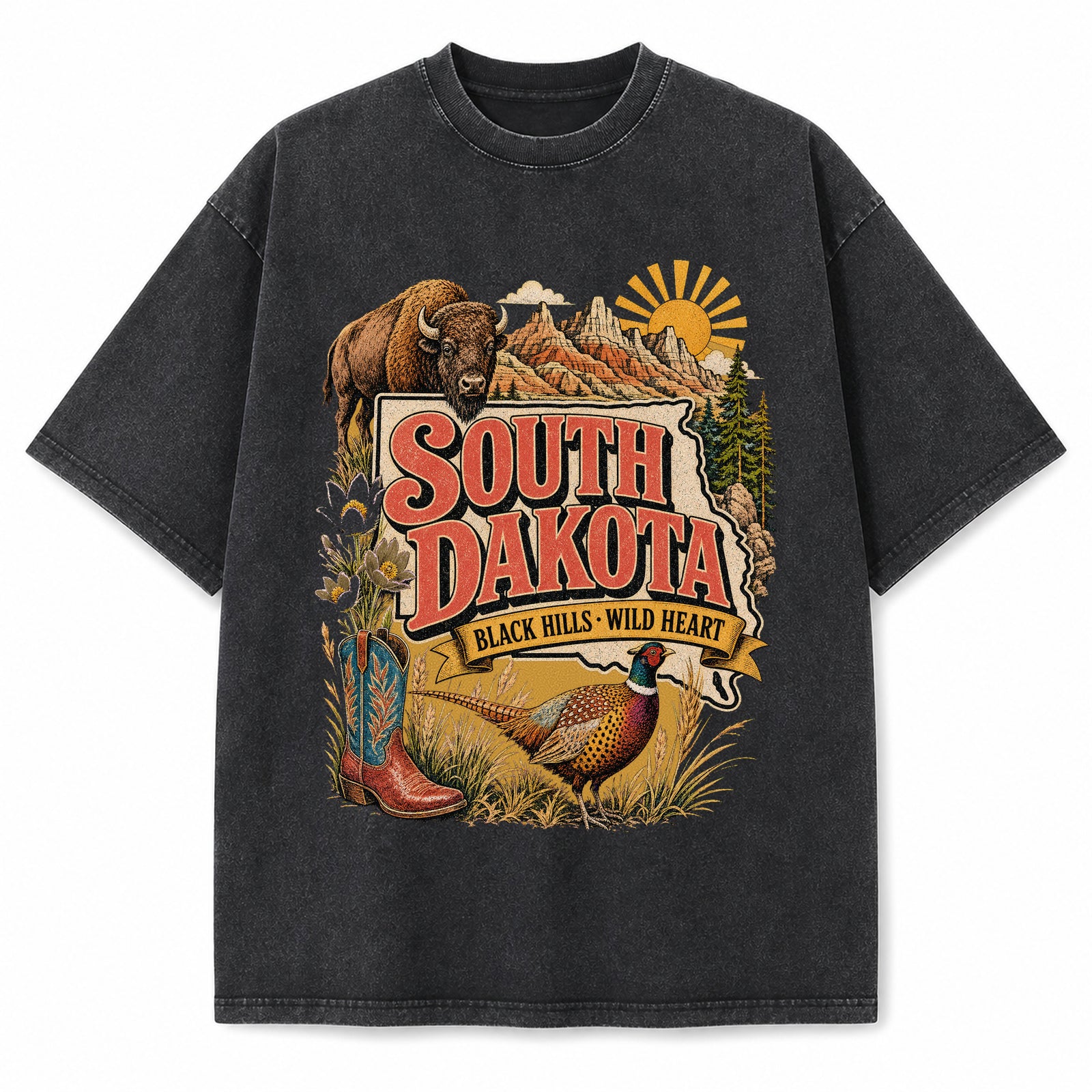 Colorful South Dakota State Collage Washed Vintage T-Shirt in Black, front view on a white background