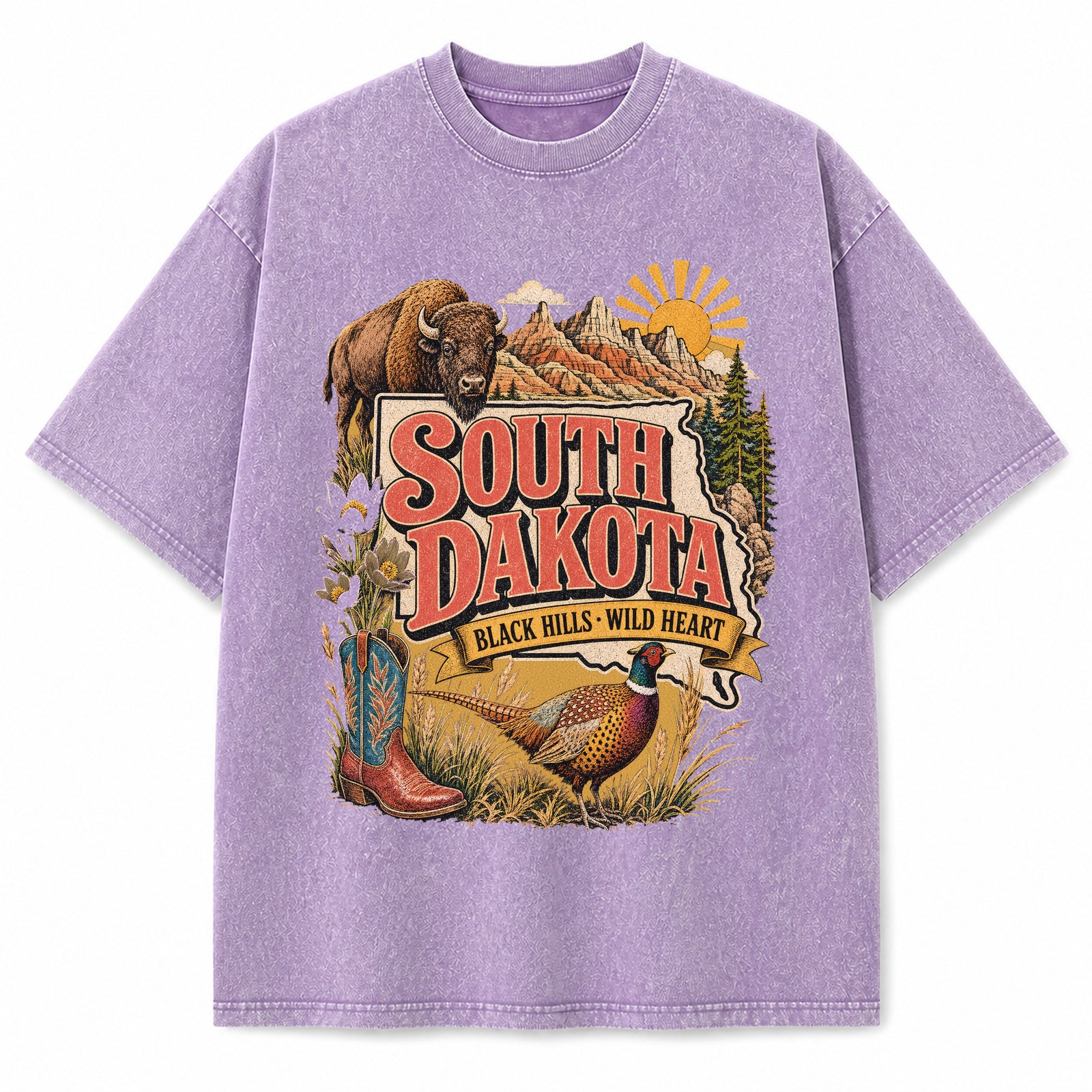 Colorful South Dakota State Collage Washed Vintage T-Shirt in Purple, front view on a white background