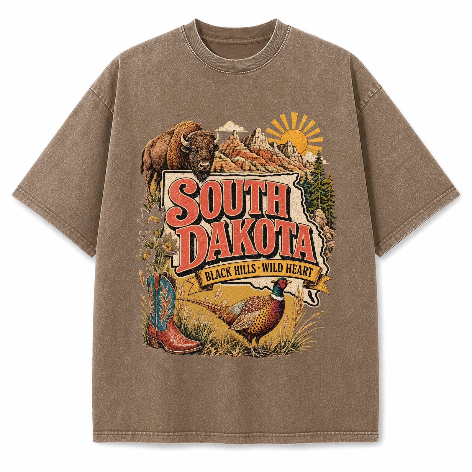 Colorful South Dakota State Collage Washed Vintage T-Shirt in Brown, front view on a white background