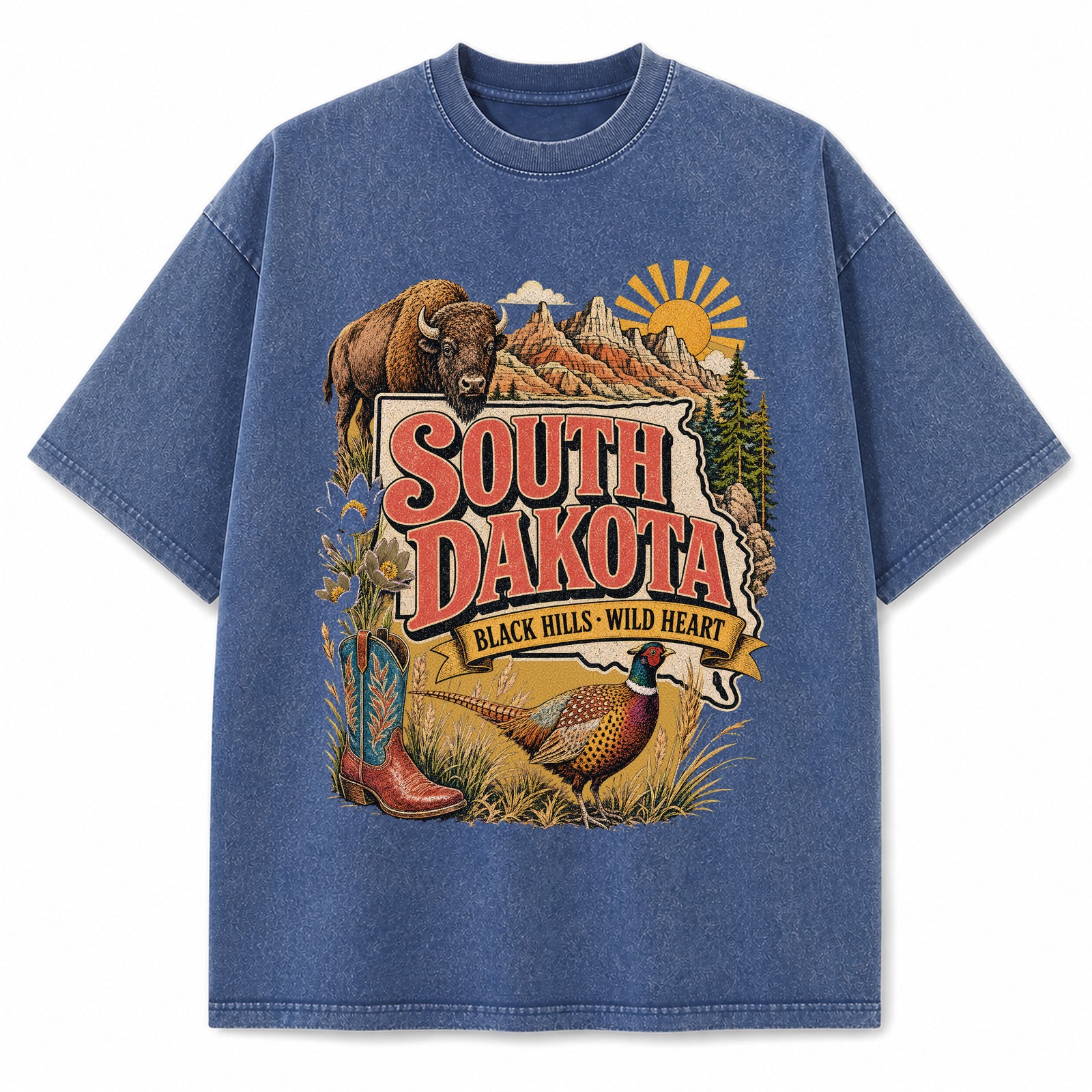 Colorful South Dakota State Collage Washed Vintage T-Shirt in Blue, front view on a white background