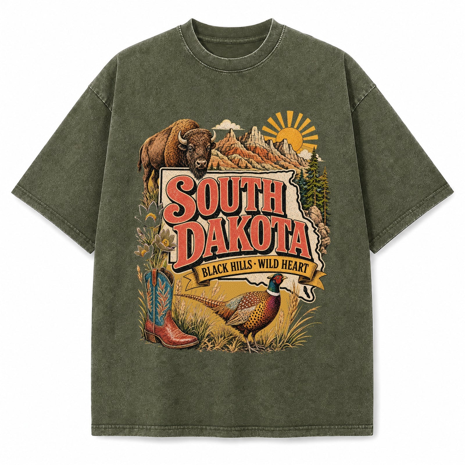 Colorful South Dakota State Collage Washed Vintage T-Shirt in Military Green, front view on a white background