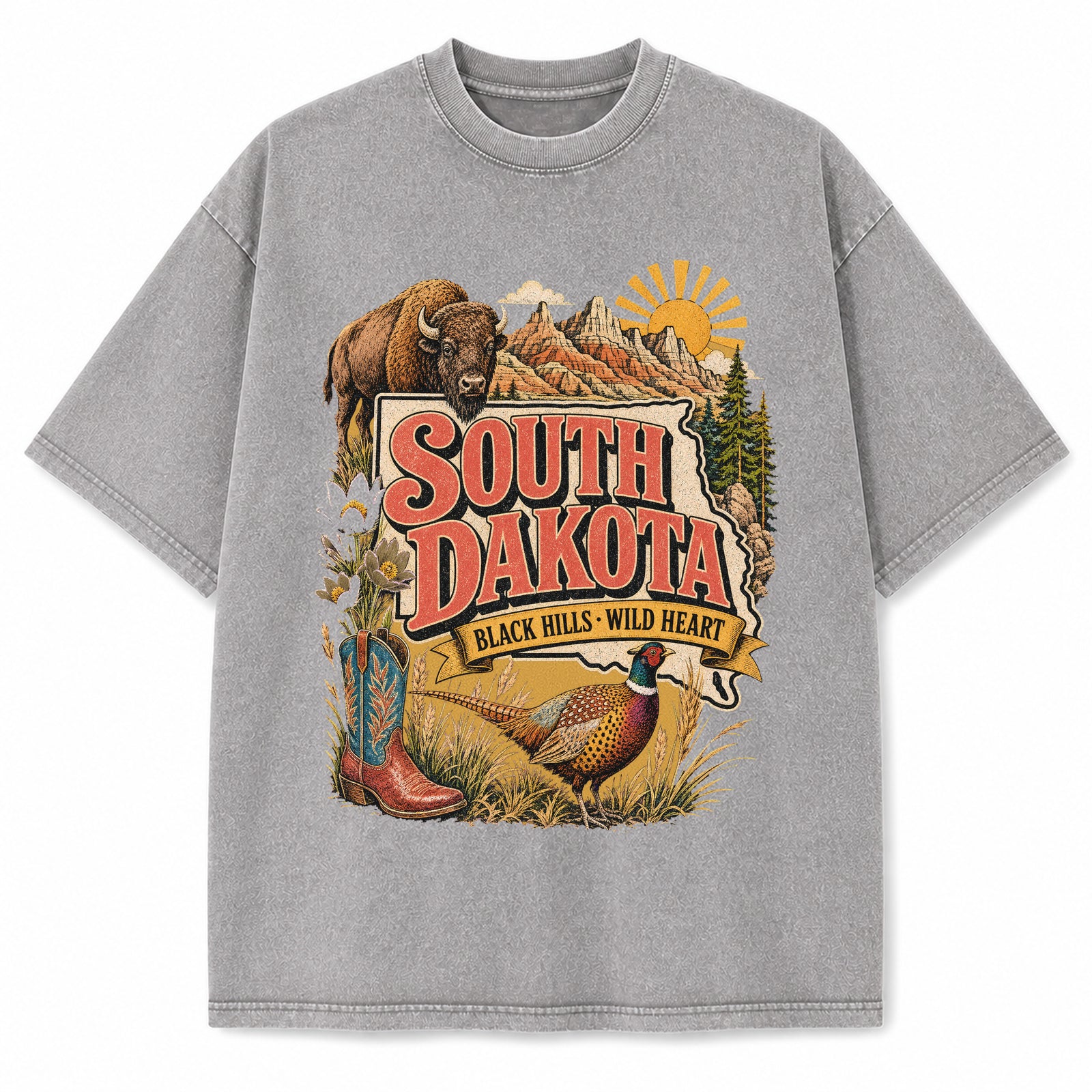 Colorful South Dakota State Collage Washed Vintage T-Shirt in Light Gray, front view on a white background
