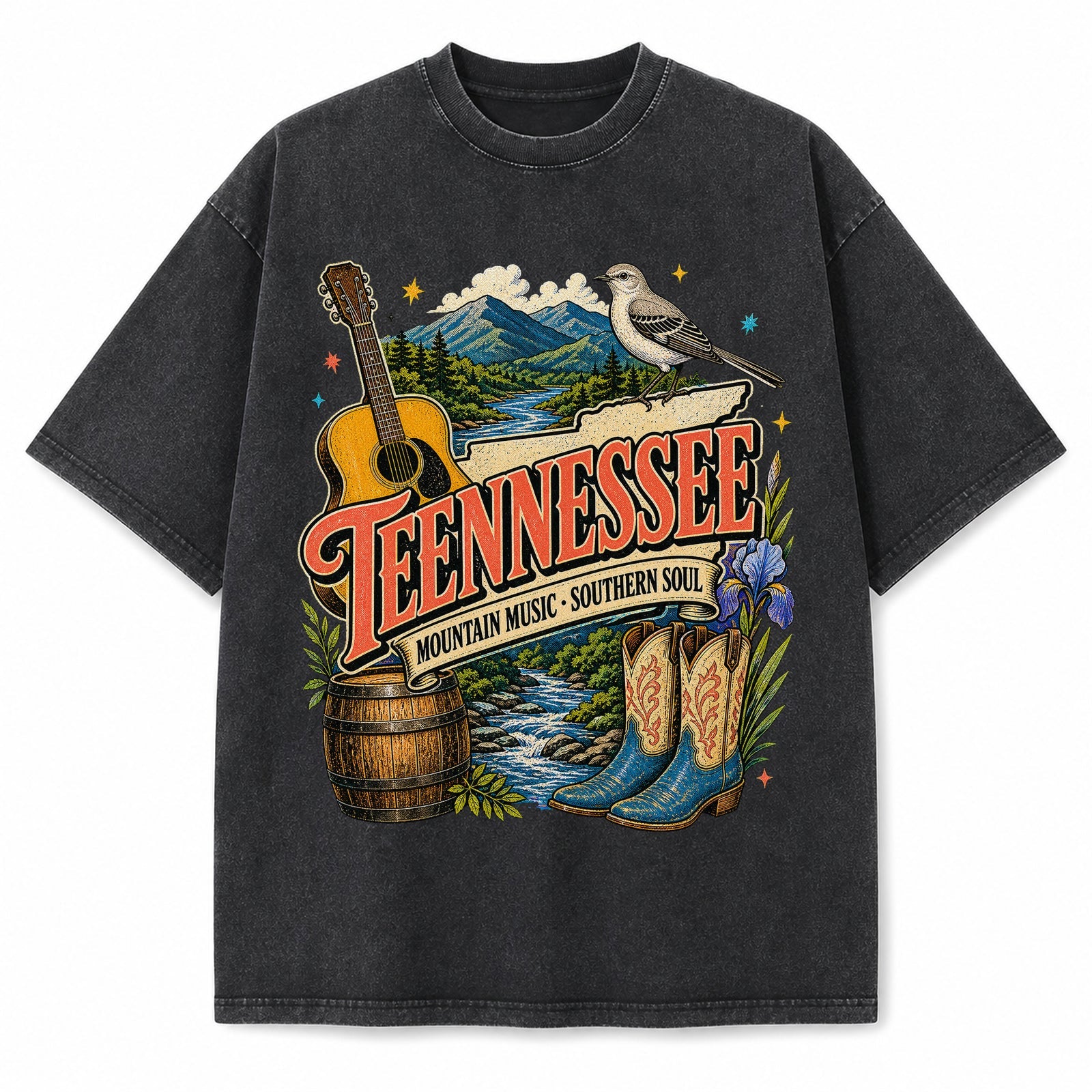 Colorful Tennessee State Collage Washed Vintage T-Shirt in Black, front view on a white background
