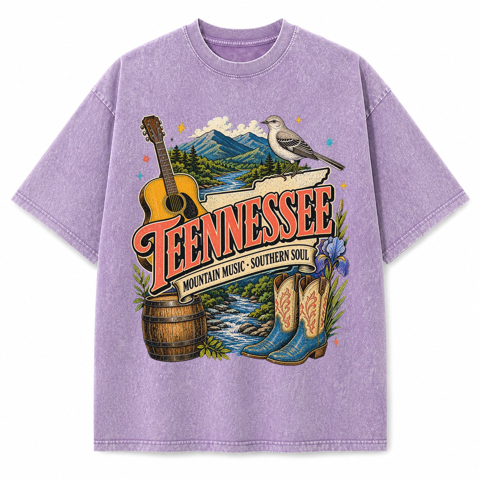 Colorful Tennessee State Collage Washed Vintage T-Shirt in Purple, front view on a white background