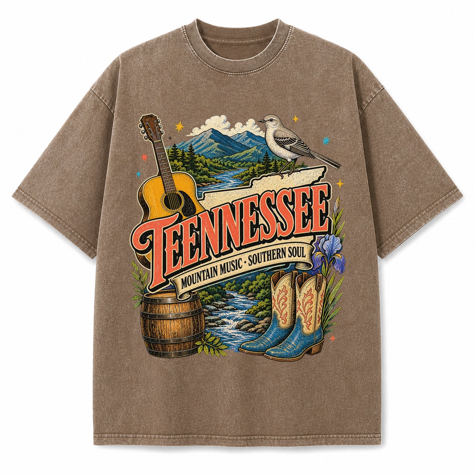 Colorful Tennessee State Collage Washed Vintage T-Shirt in Brown, front view on a white background