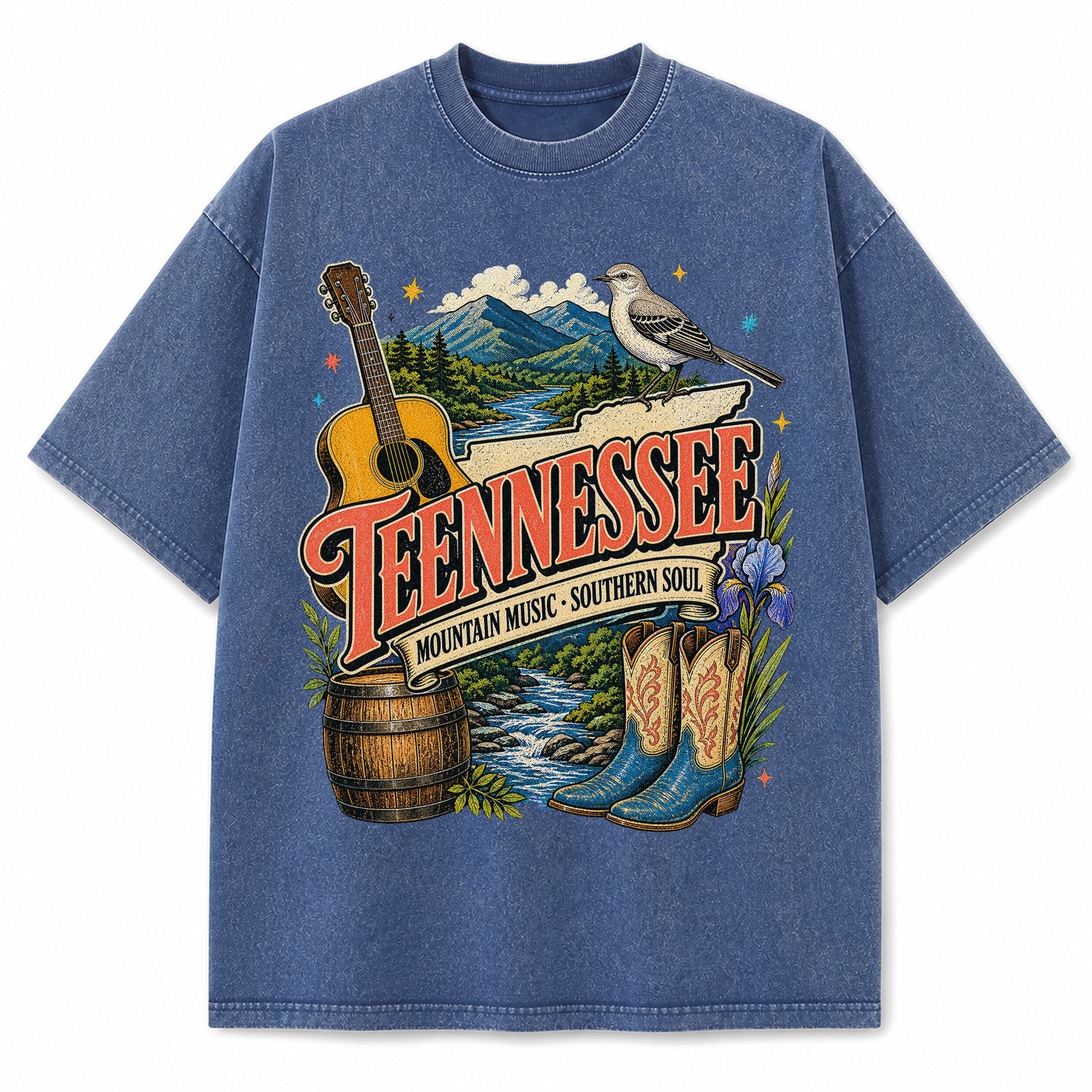 Colorful Tennessee State Collage Washed Vintage T-Shirt in Blue, front view on a white background