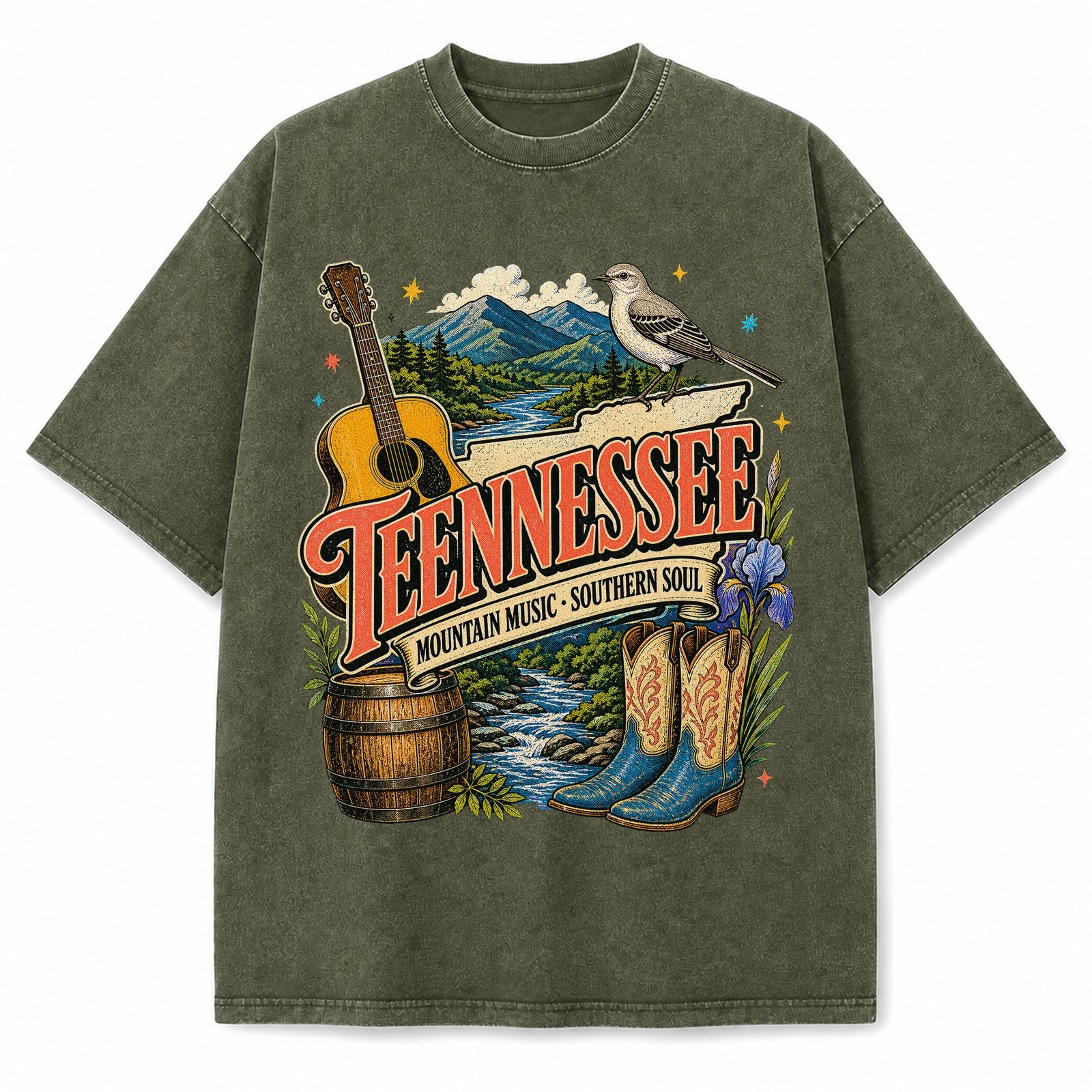 Colorful Tennessee State Collage Washed Vintage T-Shirt in Military Green, front view on a white background