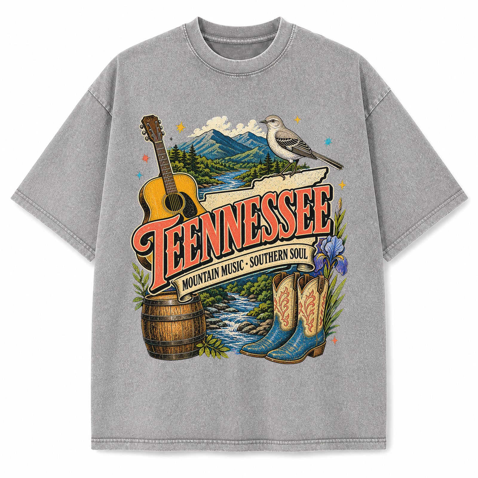 Colorful Tennessee State Collage Washed Vintage T-Shirt in Light Gray, front view on a white background