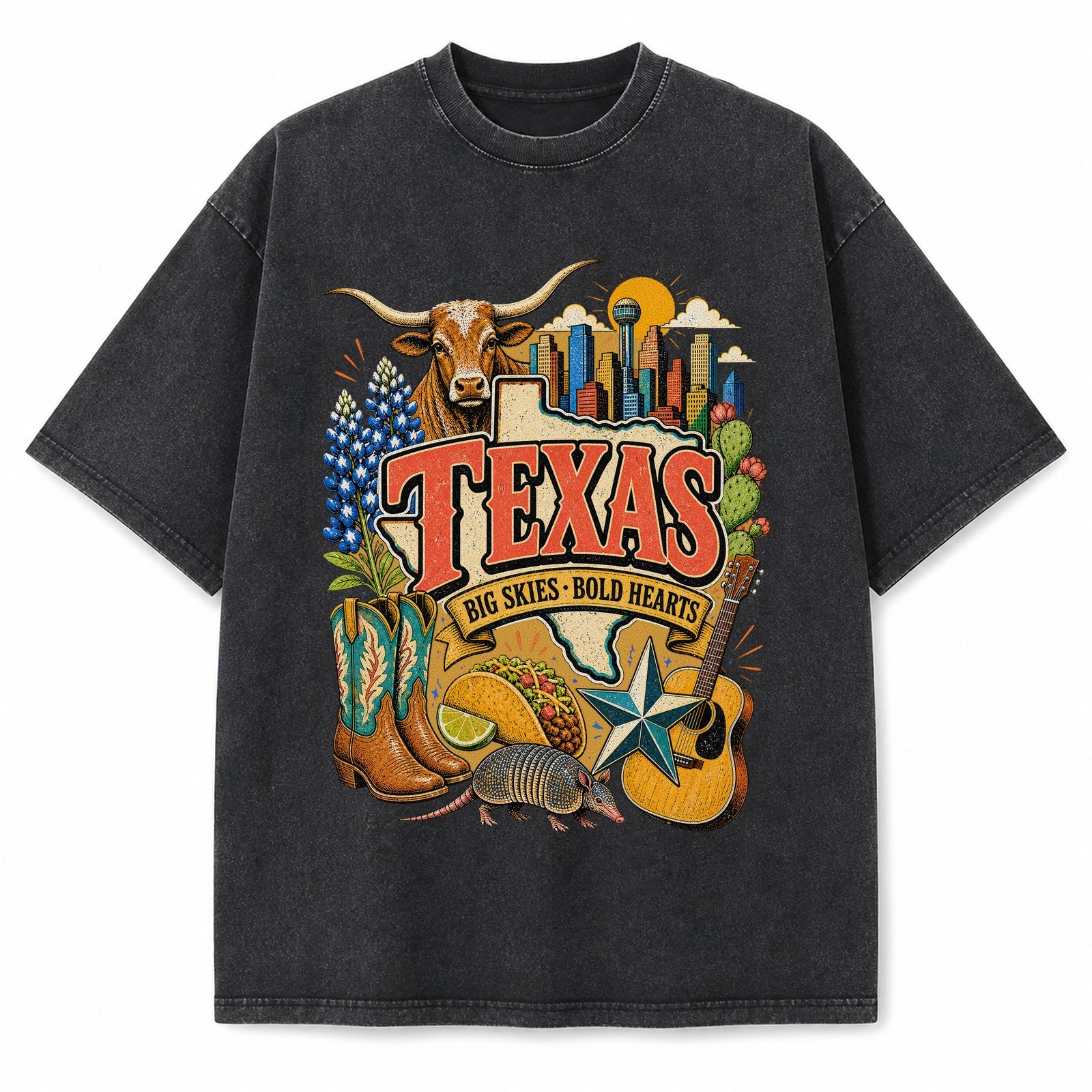 Colorful Texas State Collage Washed Vintage T-Shirt in Black, front view on a white background