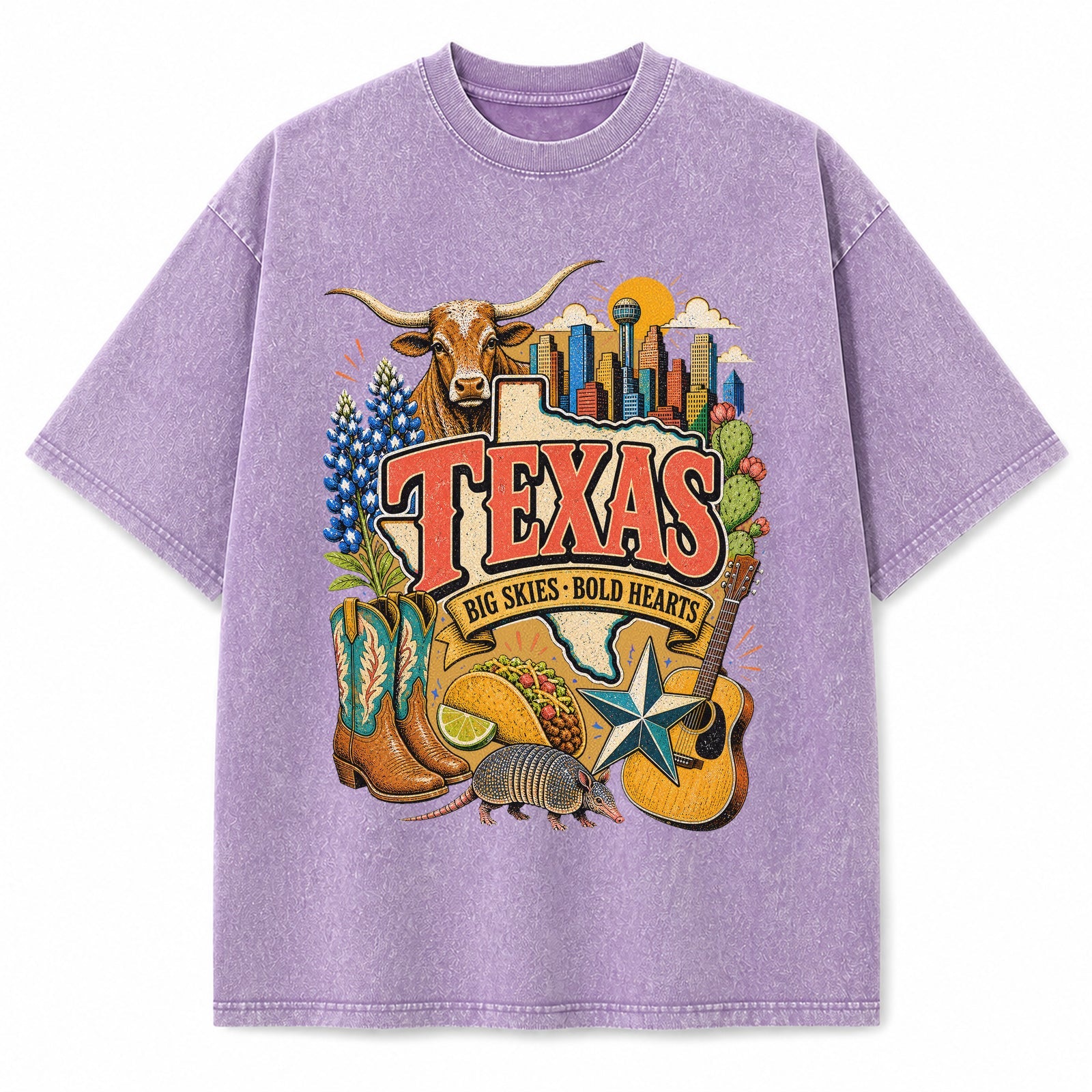 Colorful Texas State Collage Washed Vintage T-Shirt in Purple, front view on a white background