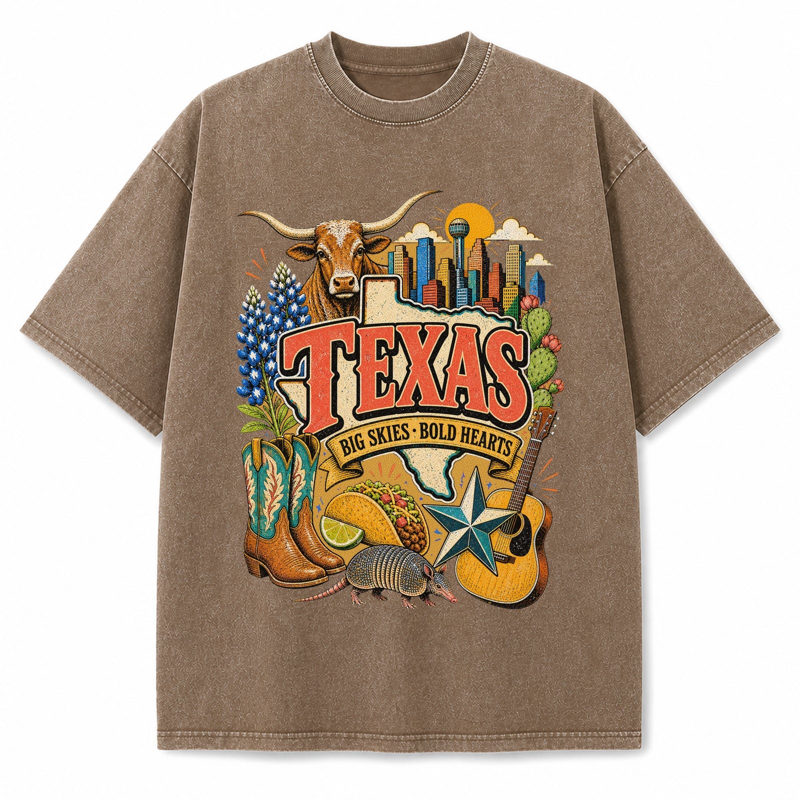 Colorful Texas State Collage Washed Vintage T-Shirt in Brown, front view on a white background