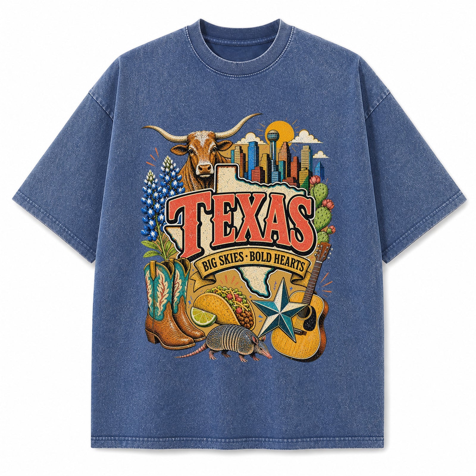 Colorful Texas State Collage Washed Vintage T-Shirt in Blue, front view on a white background