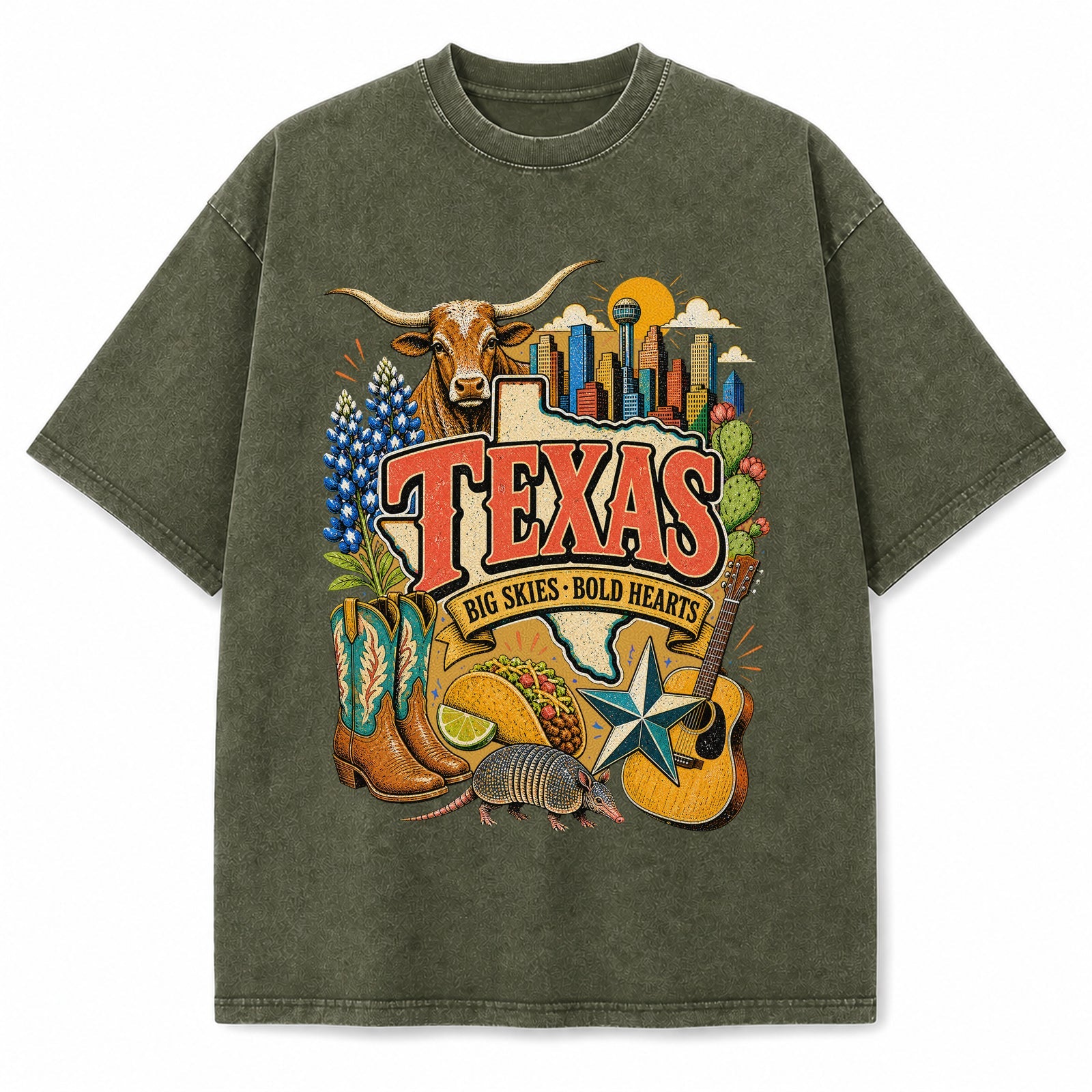 Colorful Texas State Collage Washed Vintage T-Shirt in Military Green, front view on a white background