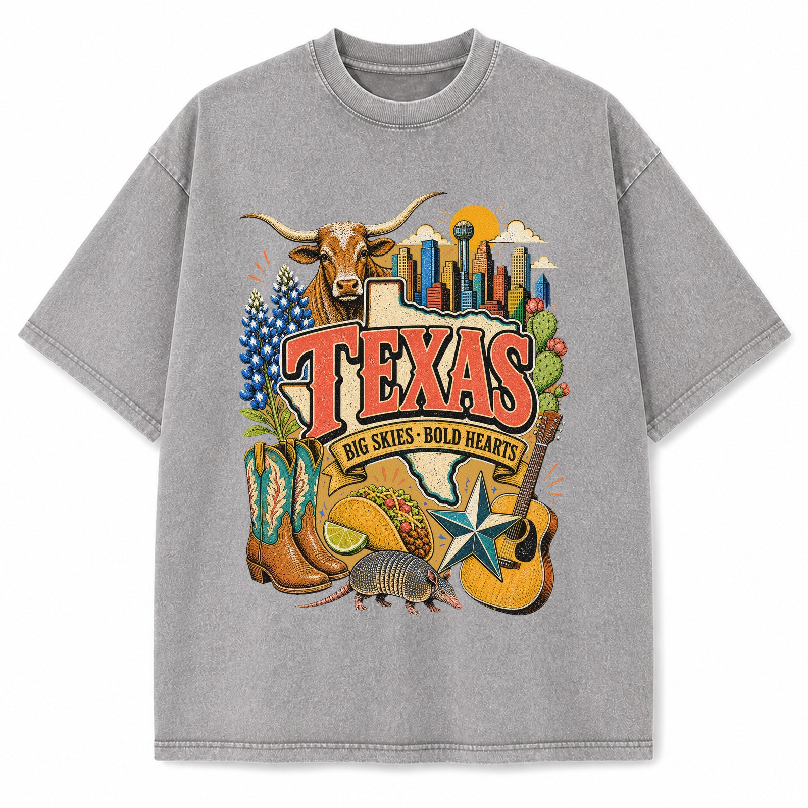 Colorful Texas State Collage Washed Vintage T-Shirt in Light Gray, front view on a white background