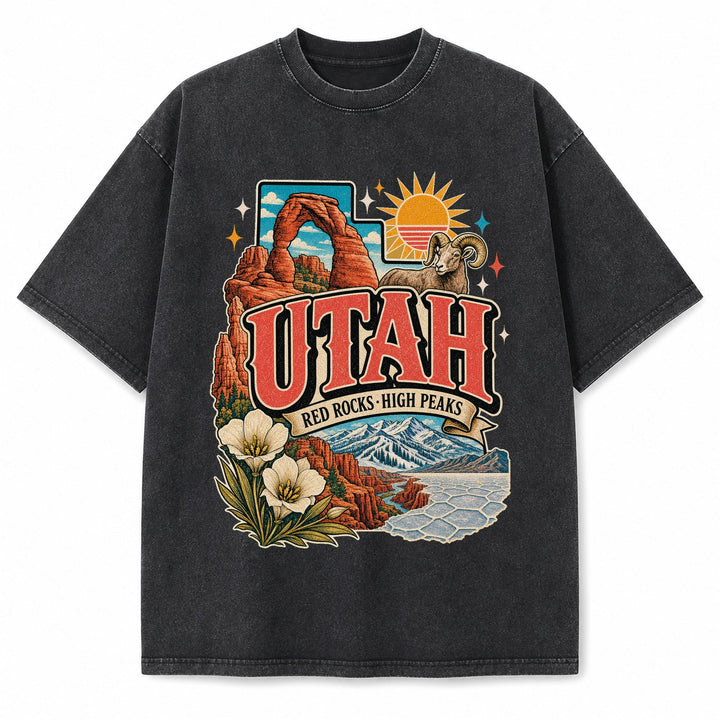Colorful Utah State Collage Washed Vintage T-Shirt in Black, front view on a white background