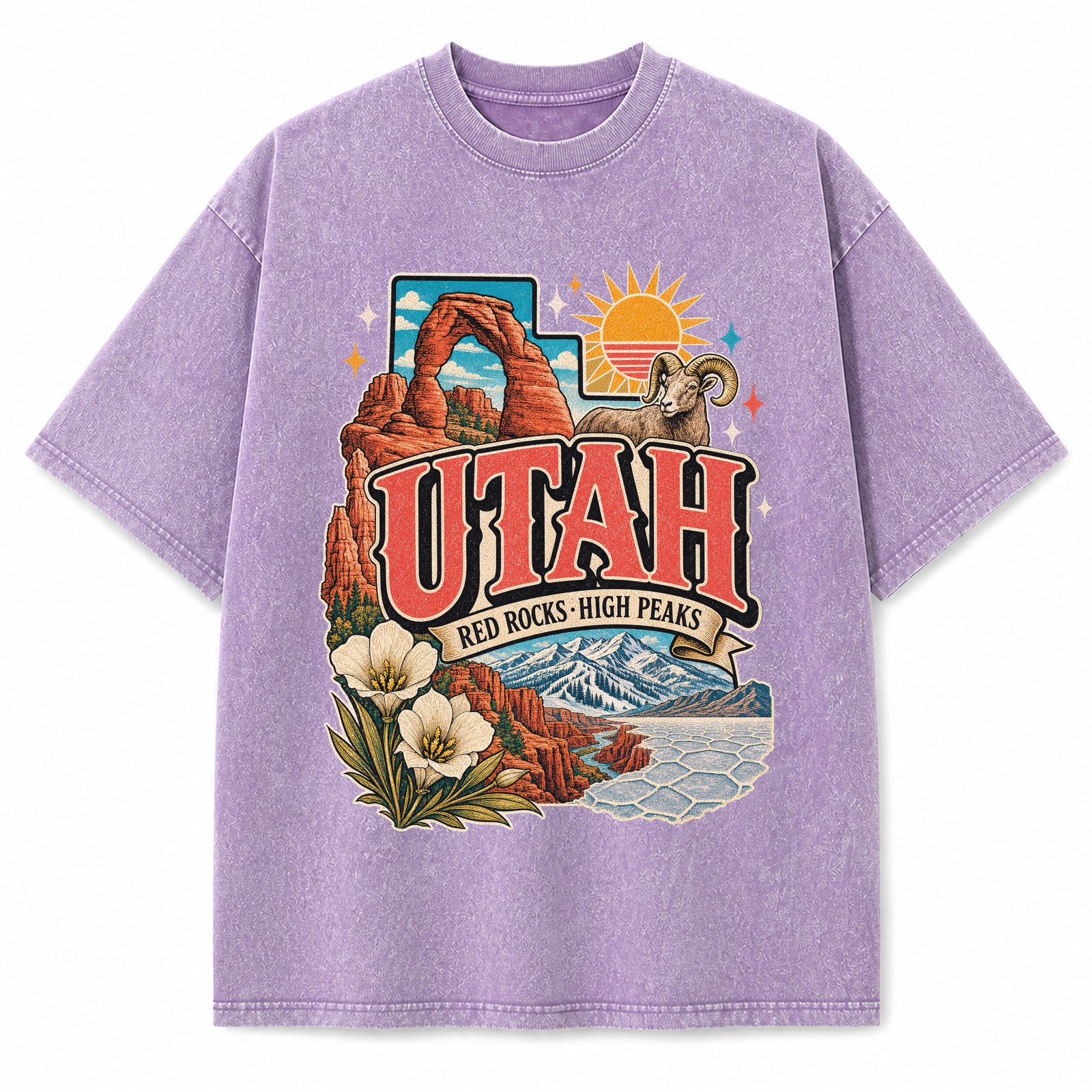 Colorful Utah State Collage Washed Vintage T-Shirt in Purple, front view on a white background