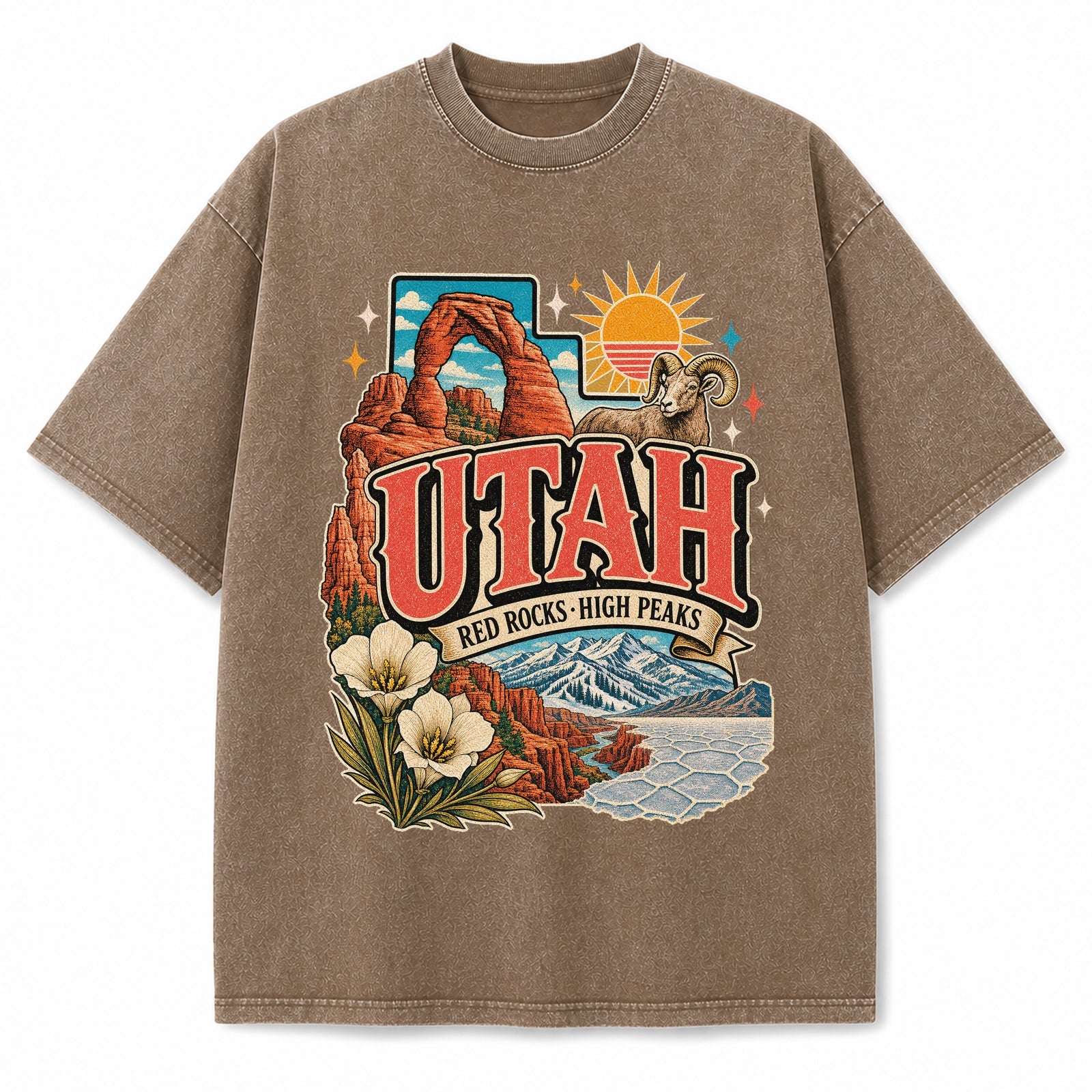 Colorful Utah State Collage Washed Vintage T-Shirt in Brown, front view on a white background