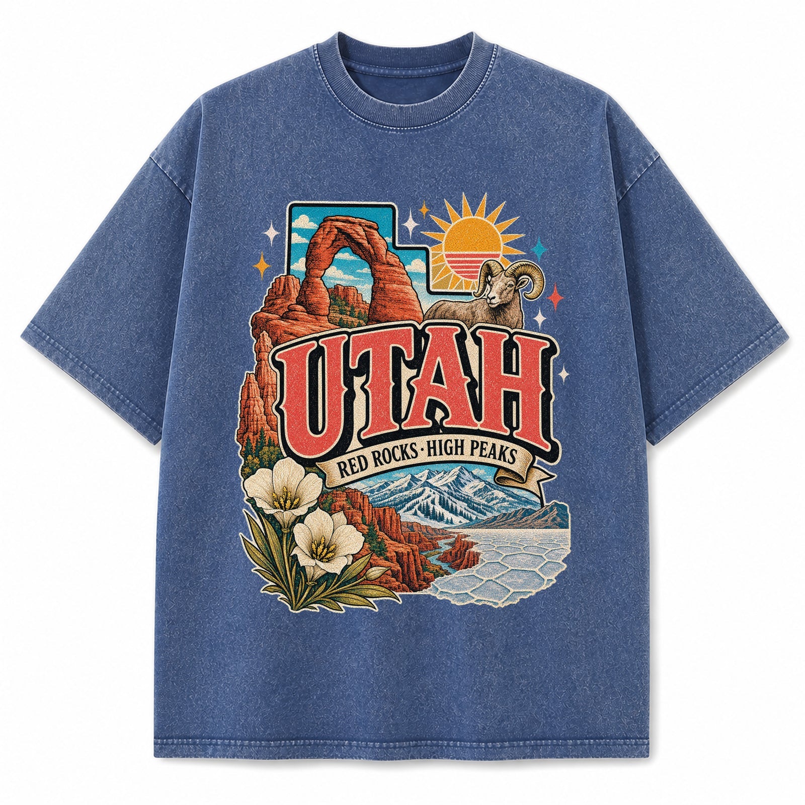 Colorful Utah State Collage Washed Vintage T-Shirt in Blue, front view on a white background