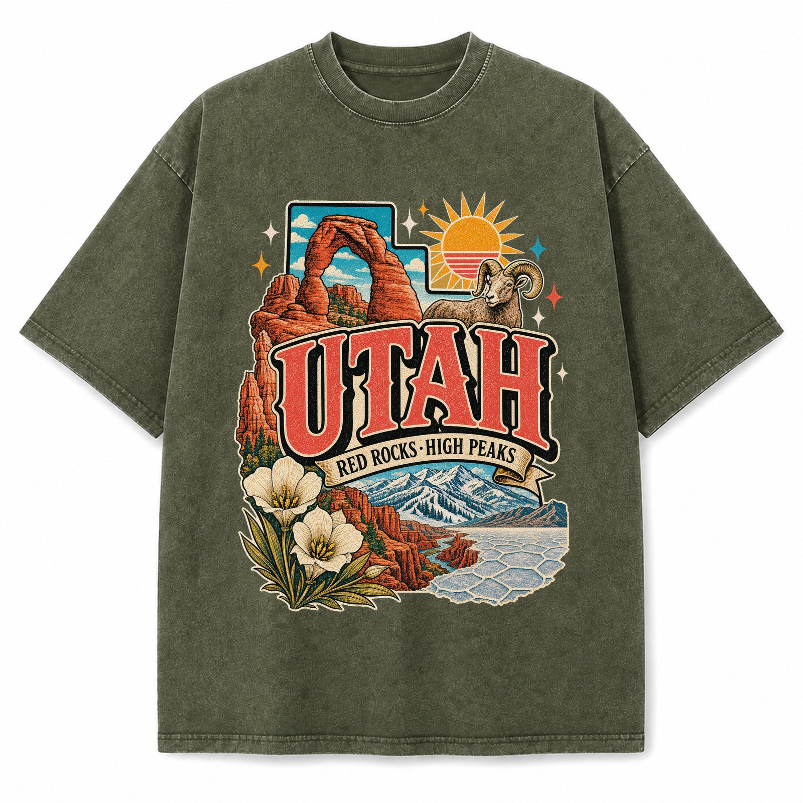 Colorful Utah State Collage Washed Vintage T-Shirt in Military Green, front view on a white background