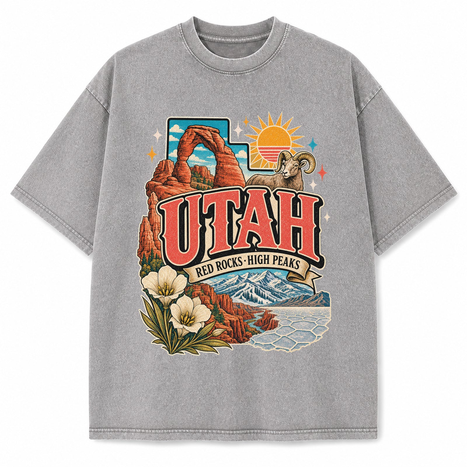 Colorful Utah State Collage Washed Vintage T-Shirt in Light Gray, front view on a white background