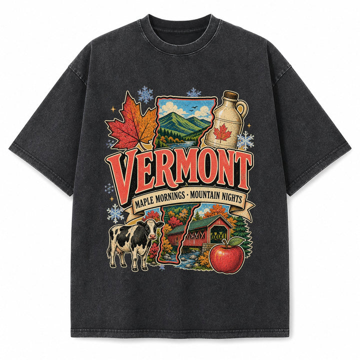 Colorful Vermont State Collage Washed Vintage T-Shirt in Black, front view on a white background