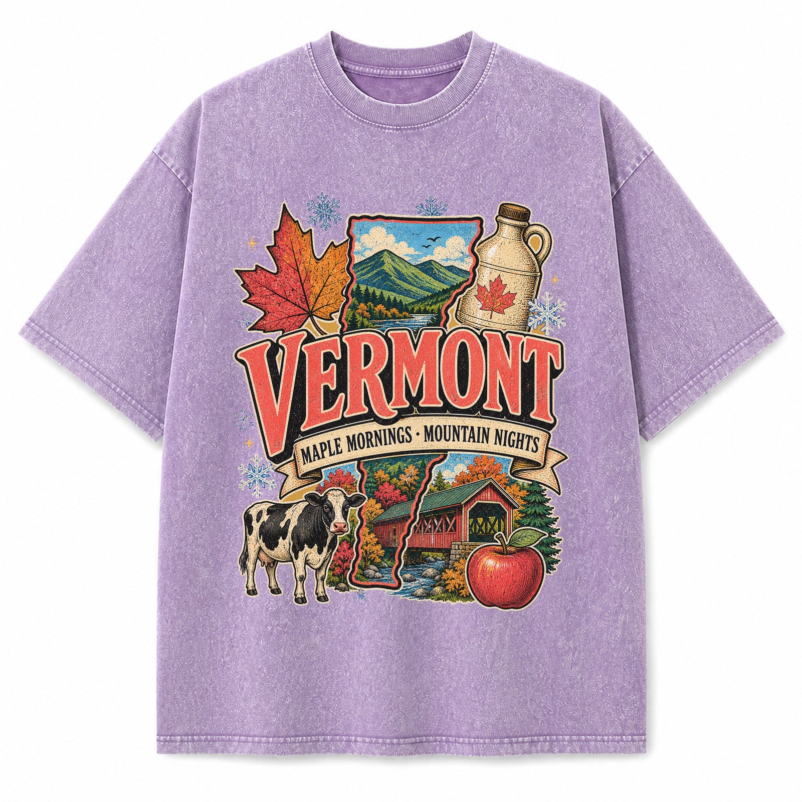 Colorful Vermont State Collage Washed Vintage T-Shirt in Purple, front view on a white background